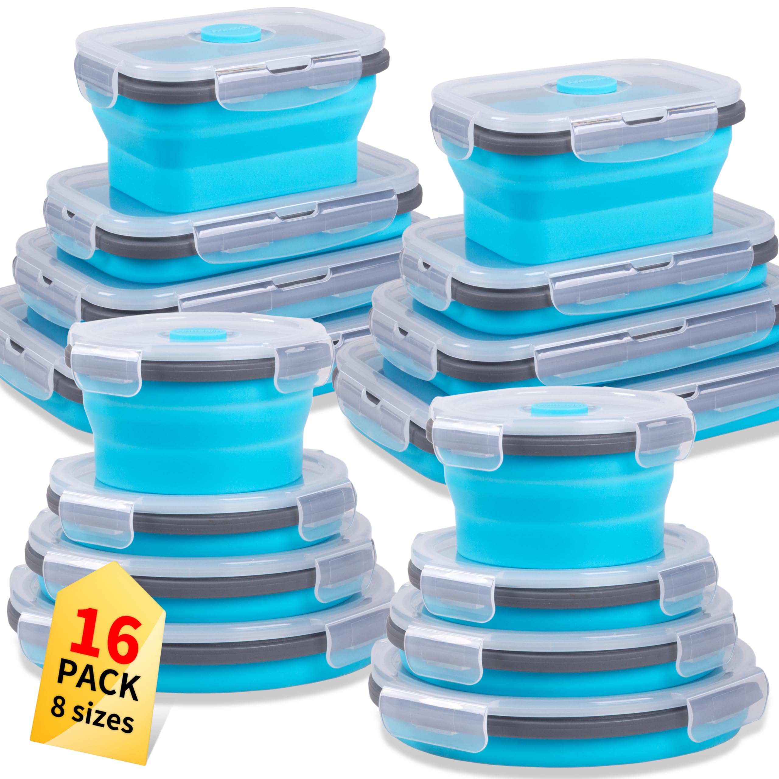 Juego de 16 fiambreras plegables con tapa y rejillas de ventilación, 8 recipientes rectangulares + 8 redondos de silicona plegables, juego de cuencos plegables para microondas y congelador