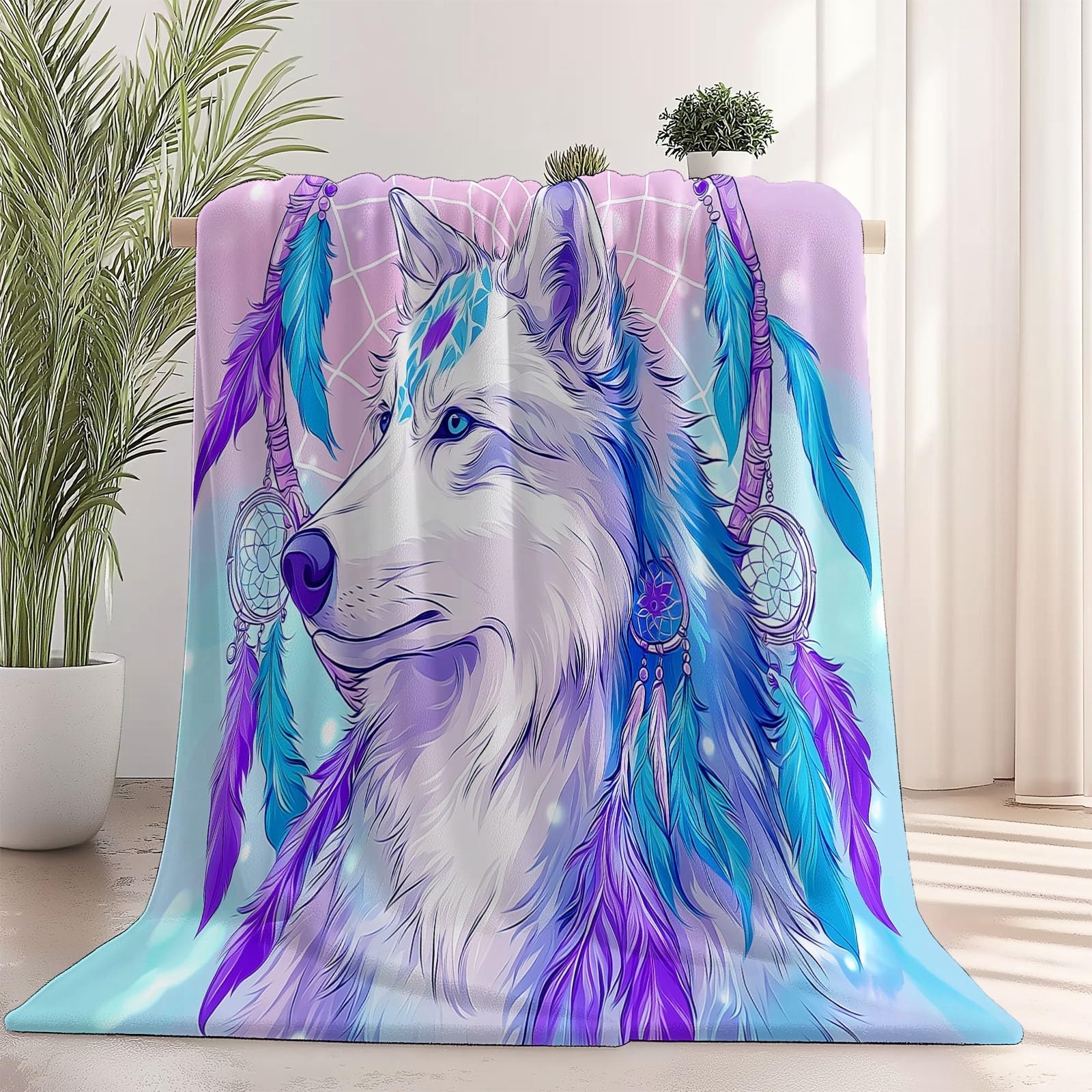 Couverture polaire flanelle attrape-rêves loup rose plaid lit canapé
