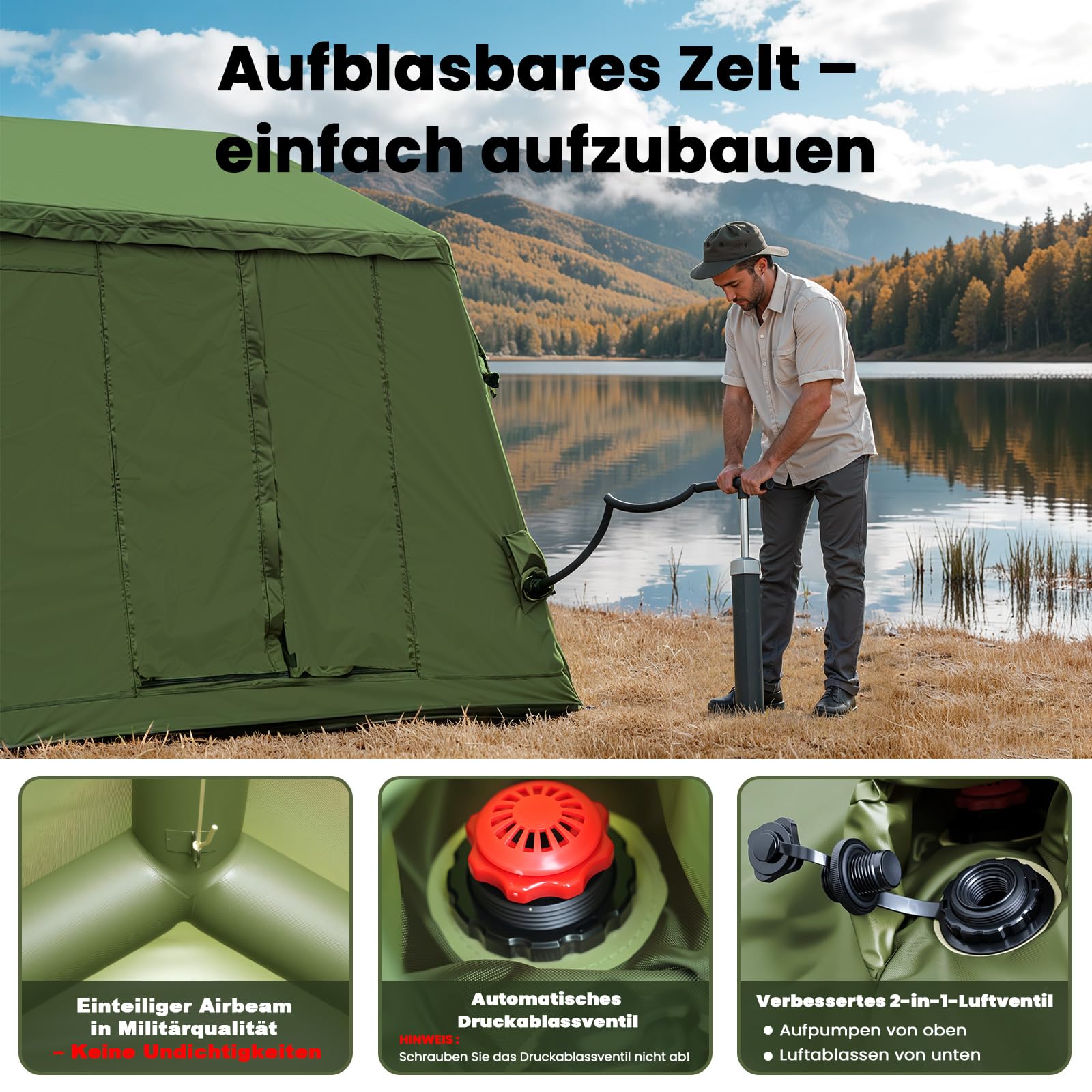 Ytaoeo Aufblasbares Zelt für 8-10 Personen Outdoor Camping Zelt mit Kaminöffnung Vordach Aufblasbares Campingzelt aus Wasserdichtem Oxford-Stoff Air Glamping Zelte