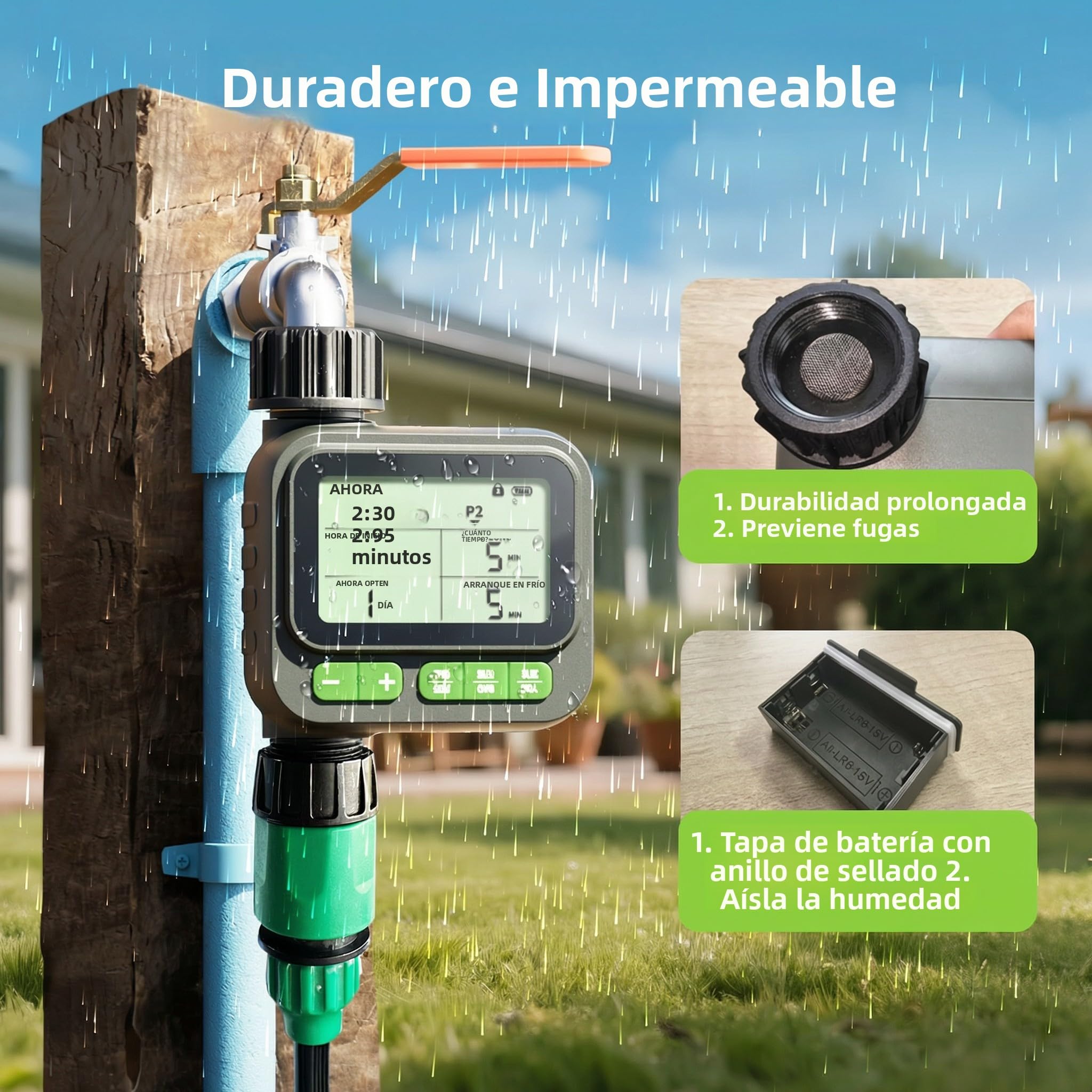 Temporizador de riego automático con Gran Pantalla LCD – Modo Manual/automático, función de retardo por Lluvia