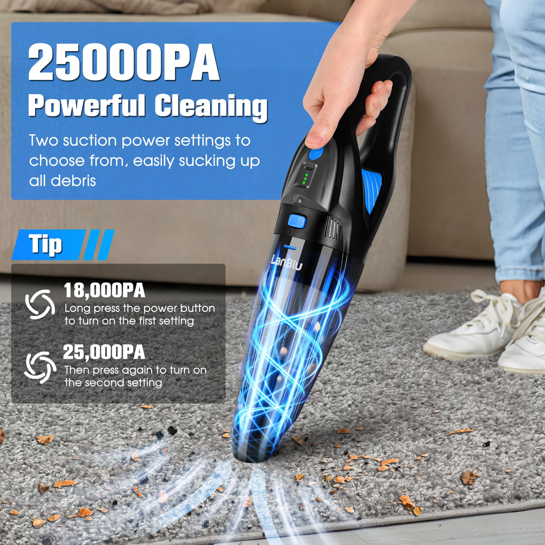 LanBlu 25000Pa Aspirapolvere Auto con Stazione di Ricarica & LED per Casa | Bagnato e Asciutto Aspirapolvere Portatile con 2 Filtro, 8000mAh 120W Aspirapolvere Auto Potente per Cucina Animali