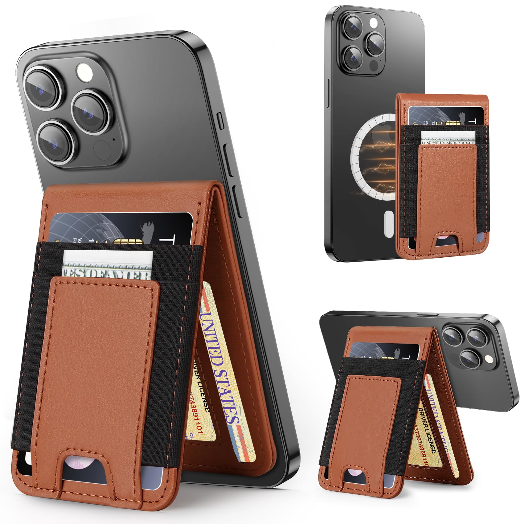 Miroddi MagSafe Wallet Stand, Leather Magnetic Phone Wallet for iPhone 16/15/14/13/12 Series, Strongest Magnetic Card Holder with Adjustable Stand, ID