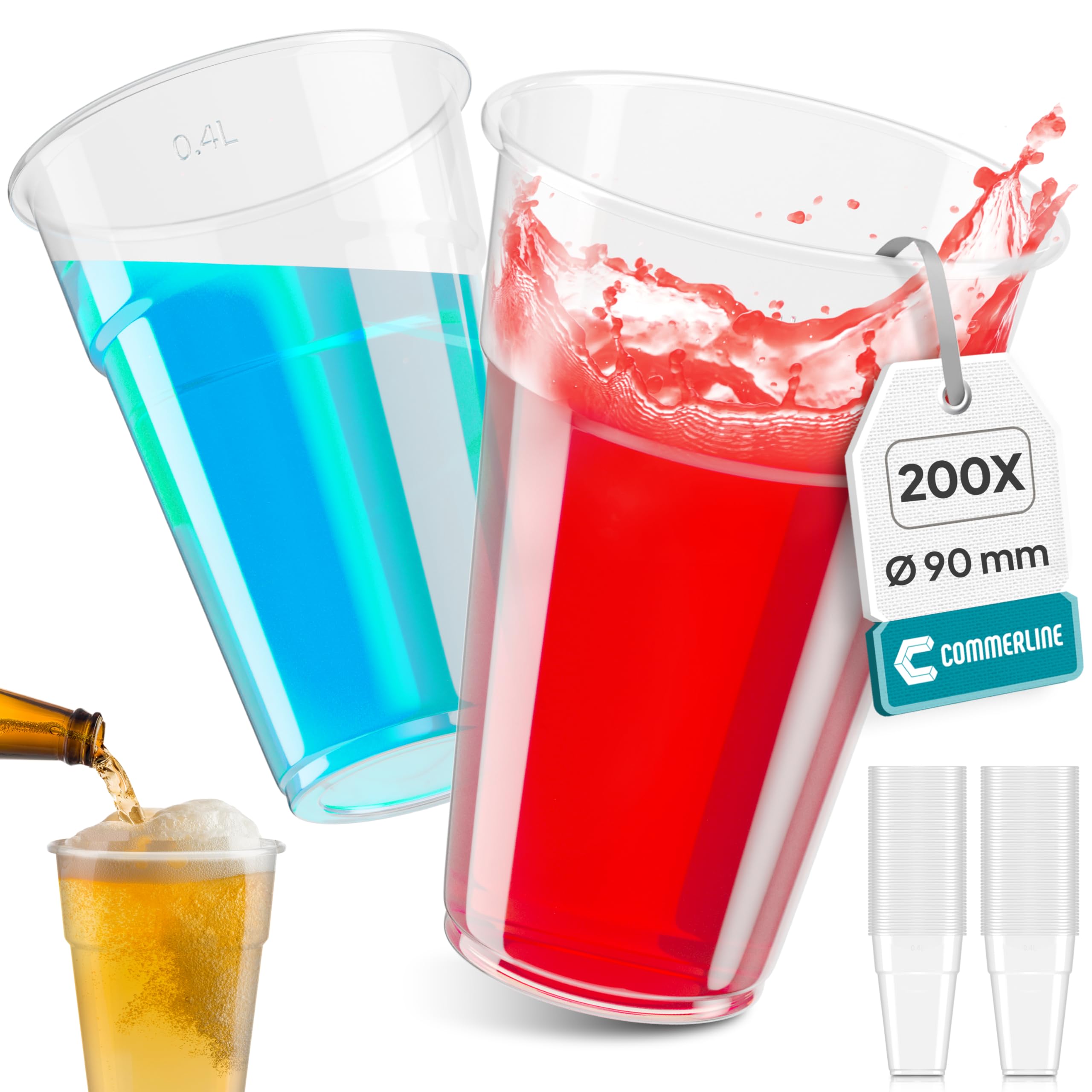 Inoverse 200 stuks plastic bekers, drinkbekers, 0,4 l transparante uitschenkbekers, feestbekers, plastic bekers, feestservies, bierbekers, waterbekers