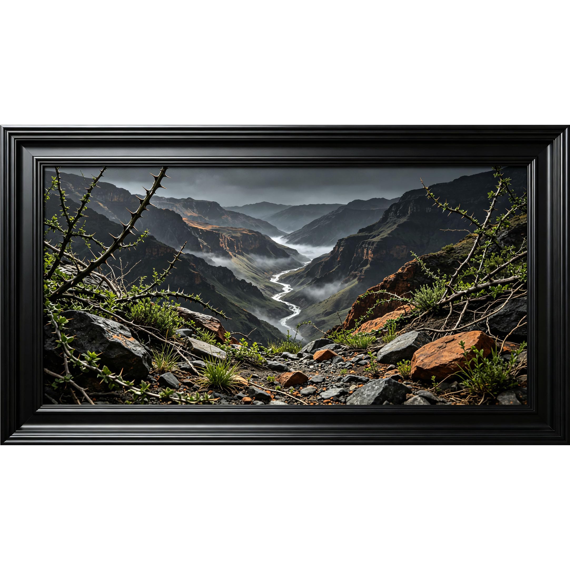 QZLITHOTIC 50×90cm3D Framed Wall Art， Misty Canyon River Landscape Self?Adhesive Mural， Water?Activated Peel & Stick Fabric Decor Wall Decal for Bedroom Living Room