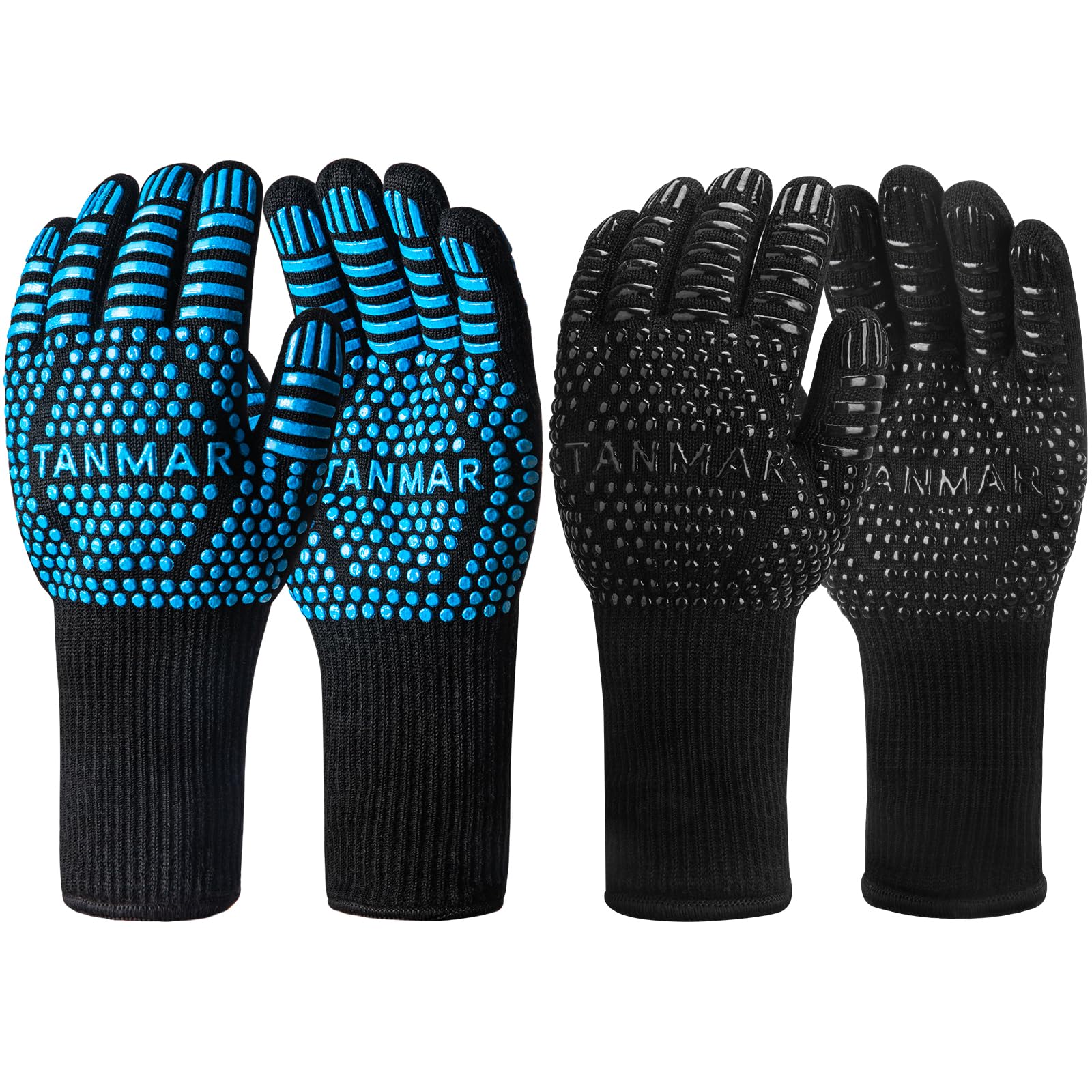 Guantes de parrilla para barbacoa, 800.0 °C, resistentes al calor, antideslizantes, perfectos para barbacoa, cocinar, hornear, chimenea, ahumador, 2 pares (azul + negro)