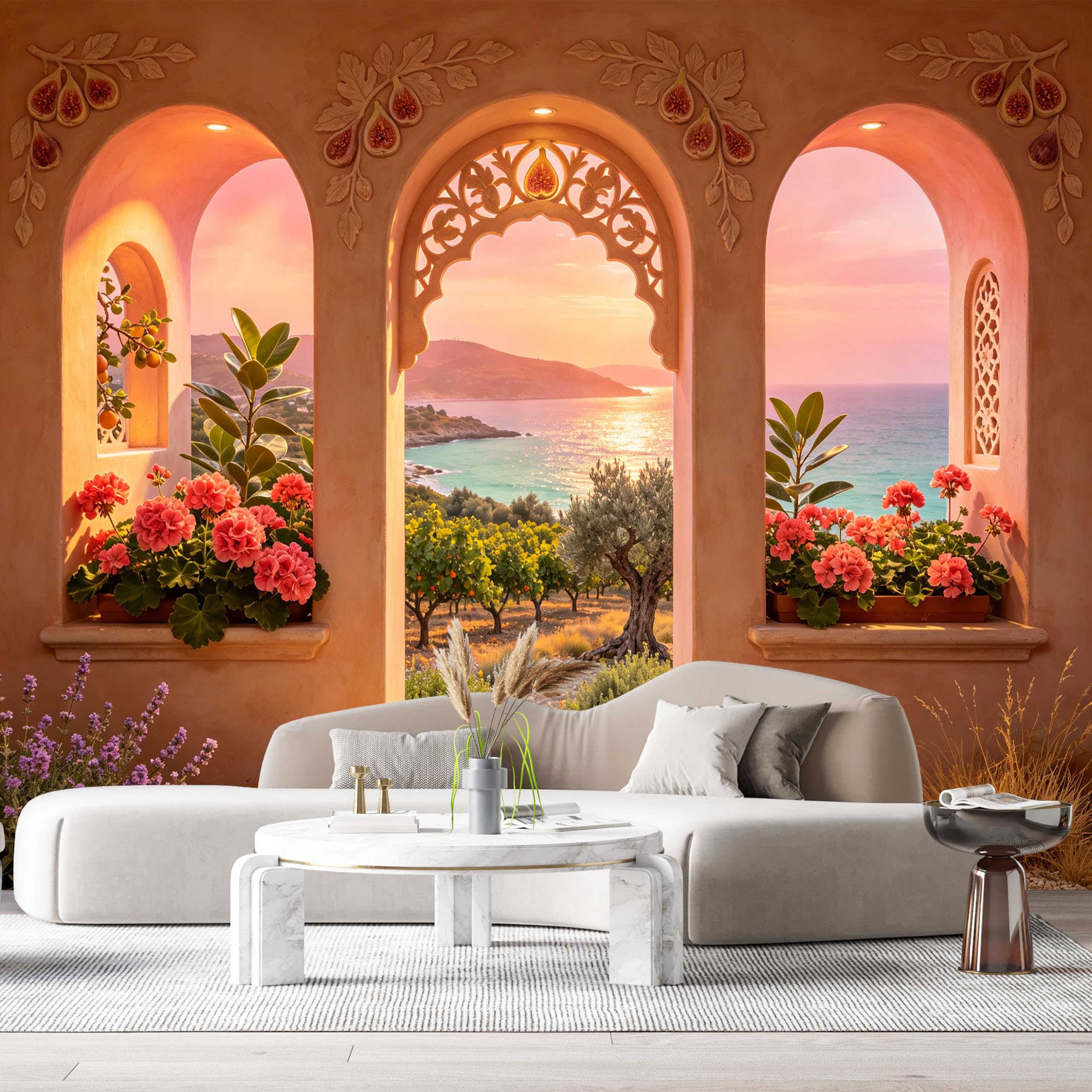 Custom Size Wall Murals Mediterranean Archway Coastal Landscape 3D Trompe L'Oeil Flowers Fruit SelfAdhesive Wall Fabric Removable Large Wallpaper for Photo Living Room
