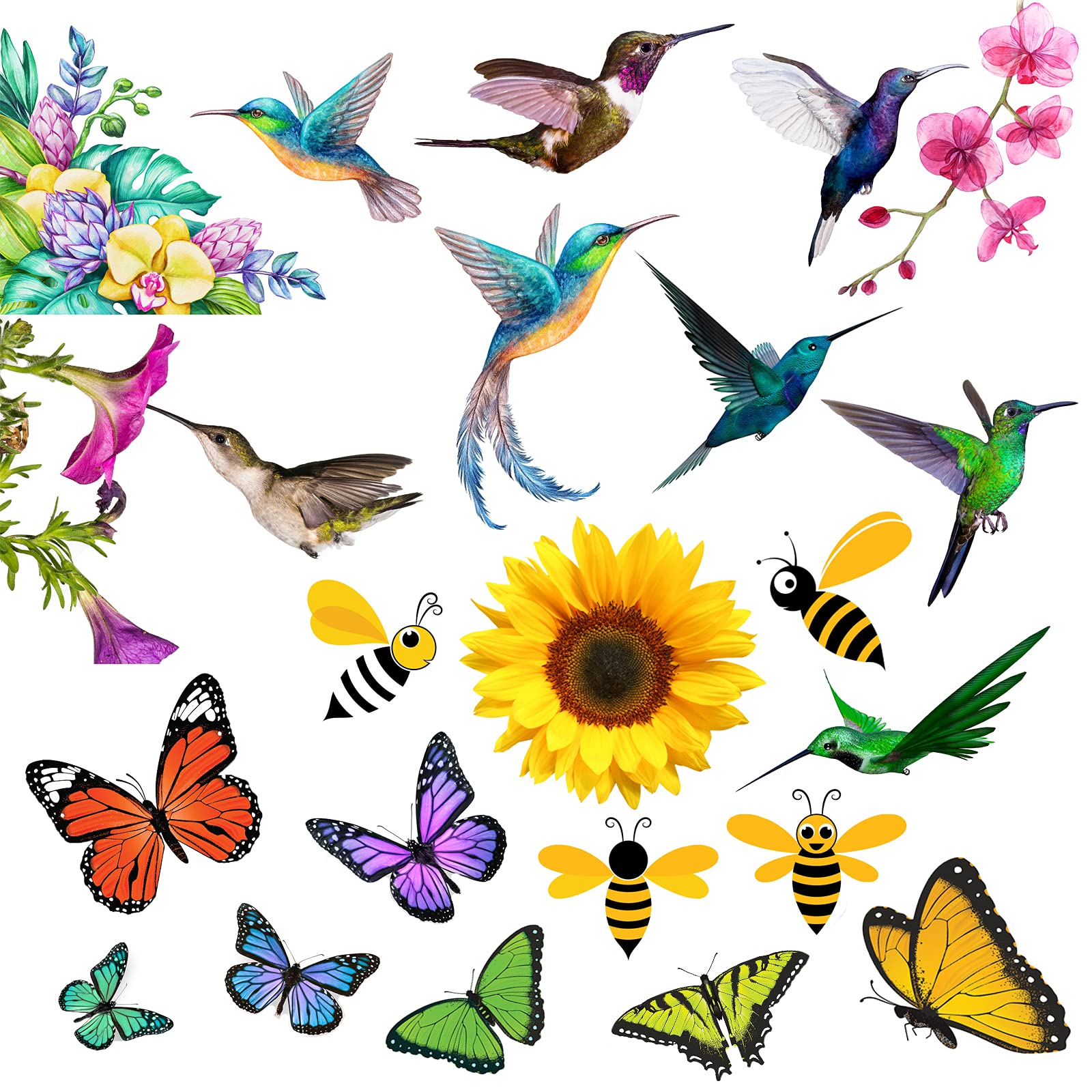 Hslordge 20PCS Large Size Anti-Collision Window Clings, Birds Alert Collision Window Decals Hummingbird Bee Butterfly Sunflower Cling Decor Static Deterrent Decal Prevent Bird Strikes on Doors Windows Glass(20PCS)
