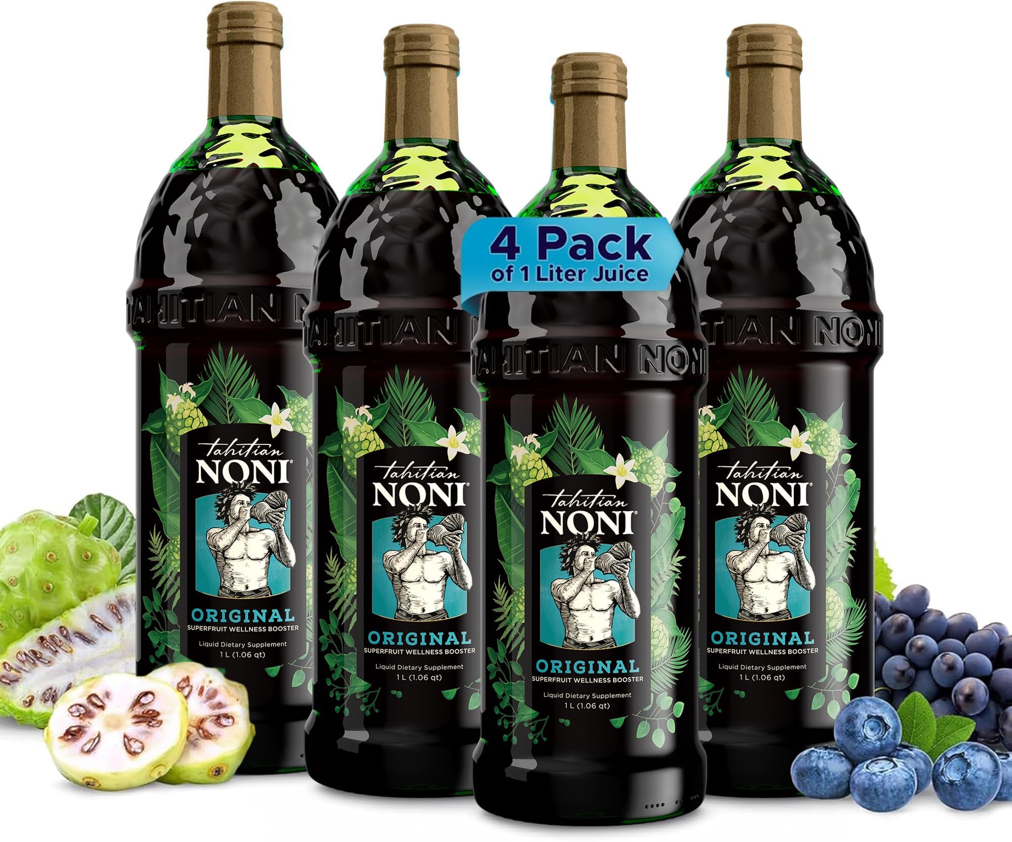 Juice by Morinda – Original Pure Noni Fruit Blend with Blueberry, Grape Extracts – Healthy Superfood Vitality Daily Wellness Drink – 4 Pack of 1L Bottle