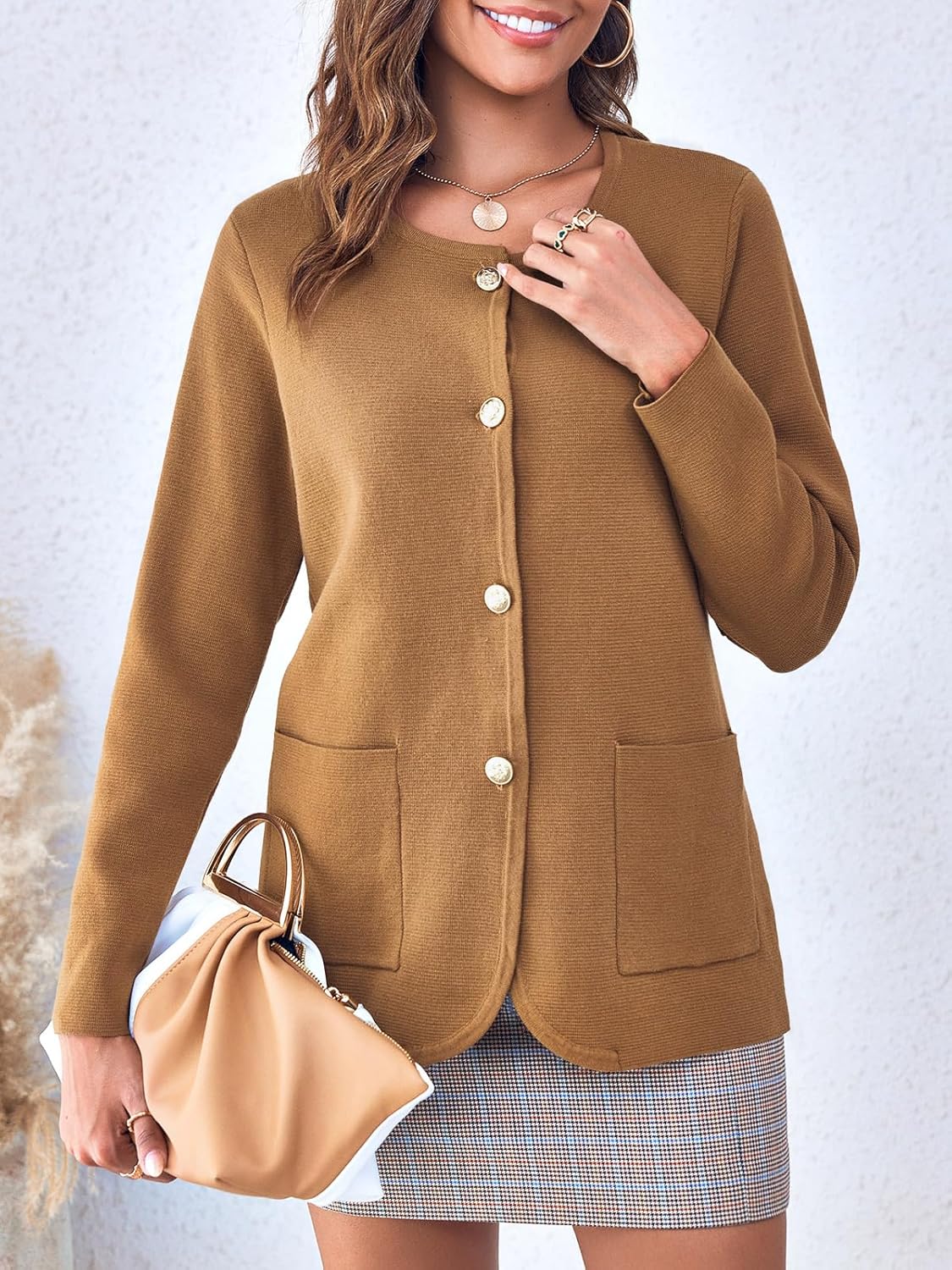 Langwyqu Womens Crew Neck Button Down Cardigan Sweaters Blazer Casual Long Sleeve Knit Solid Sweater with Pockets - Image 3