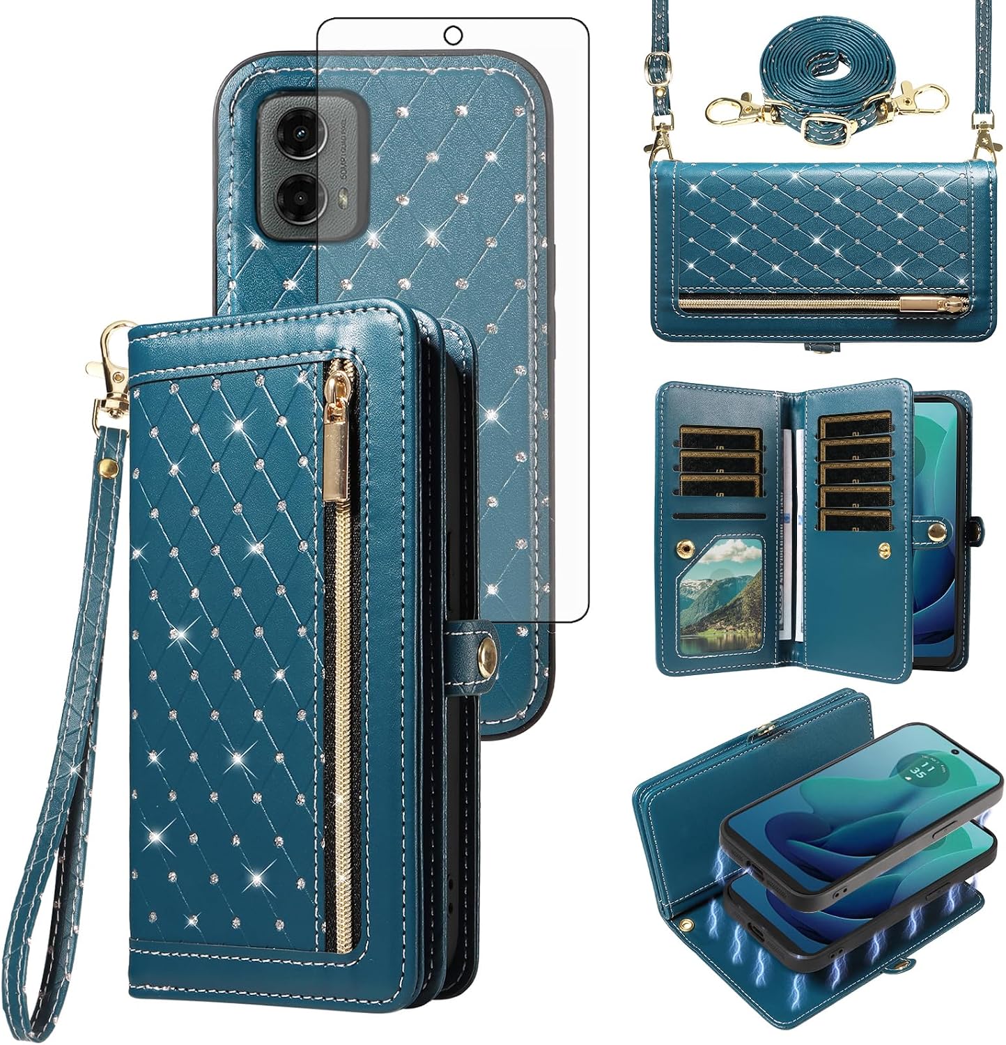 Asuwish Phone Case for Motorola Moto G 5G 2024 Zipper Wallet Detachable Magnetic Cell Cover with Tempered Glass Screen Protector Crossbody Strap Bling Flip Credit Card Holder G5G 5 G G5 Women Men Pink