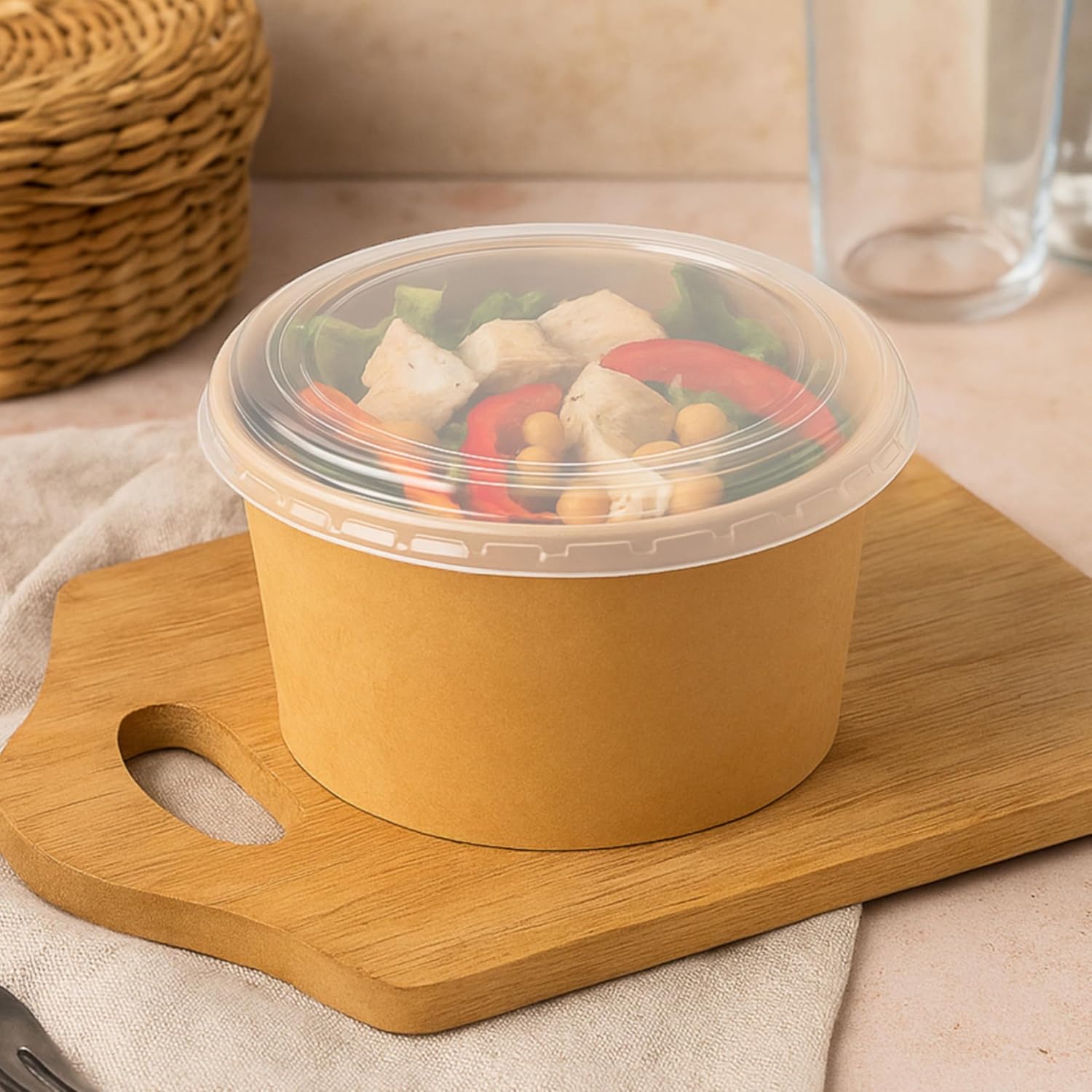 300 Count 111mm PP Lids for 12 and 16oz Brown Kraft Paper Food Bowls, Disposable Take-Out Container Covers, Microwave-Safe and Leak Resistant