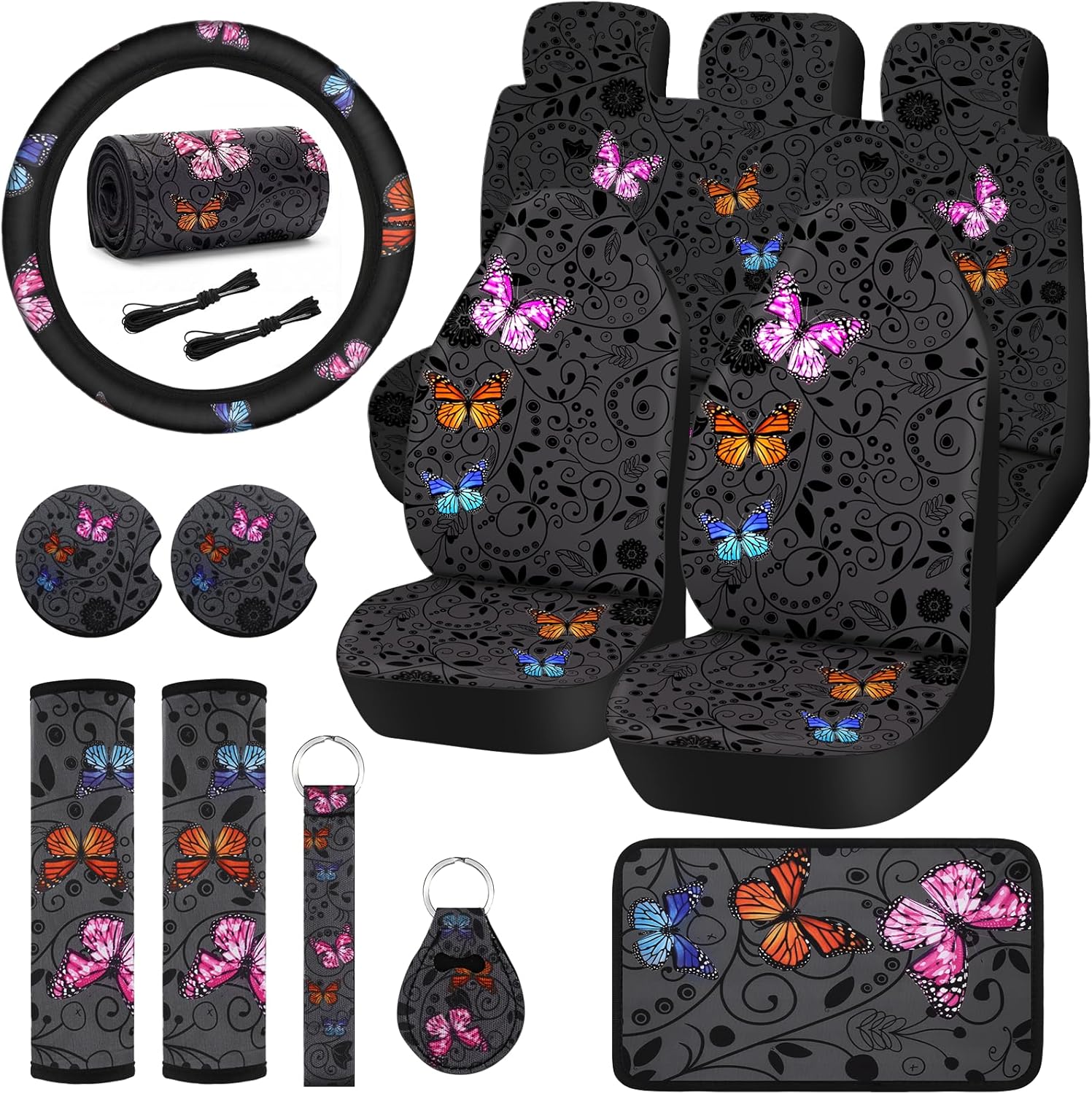 15 Pcs Butterfly Car Seat Covers Full Set for Car Front Rear Seat Covers Steering Wheel Cover Wrist Strap Coasters Armrest and Shoulder Pads (Classic Butterfly Style)