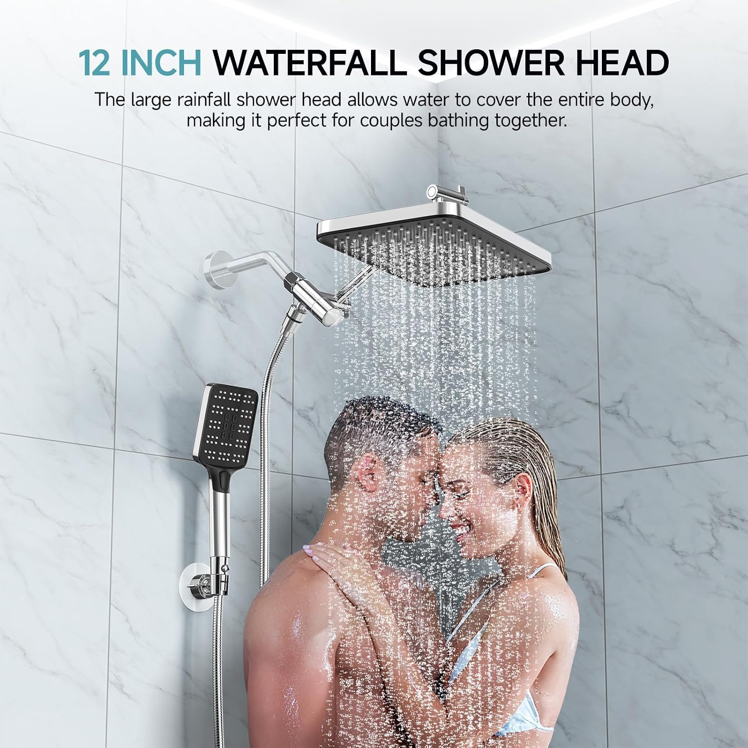 High Pressure Rain Shower Head with Handheld Spray Combo Set, Adjustable 12" Rainfall Dual Shower Head, Double&Tandem Shower Head, Waterfall Showerhead Bathroom -Silver Chrome 1