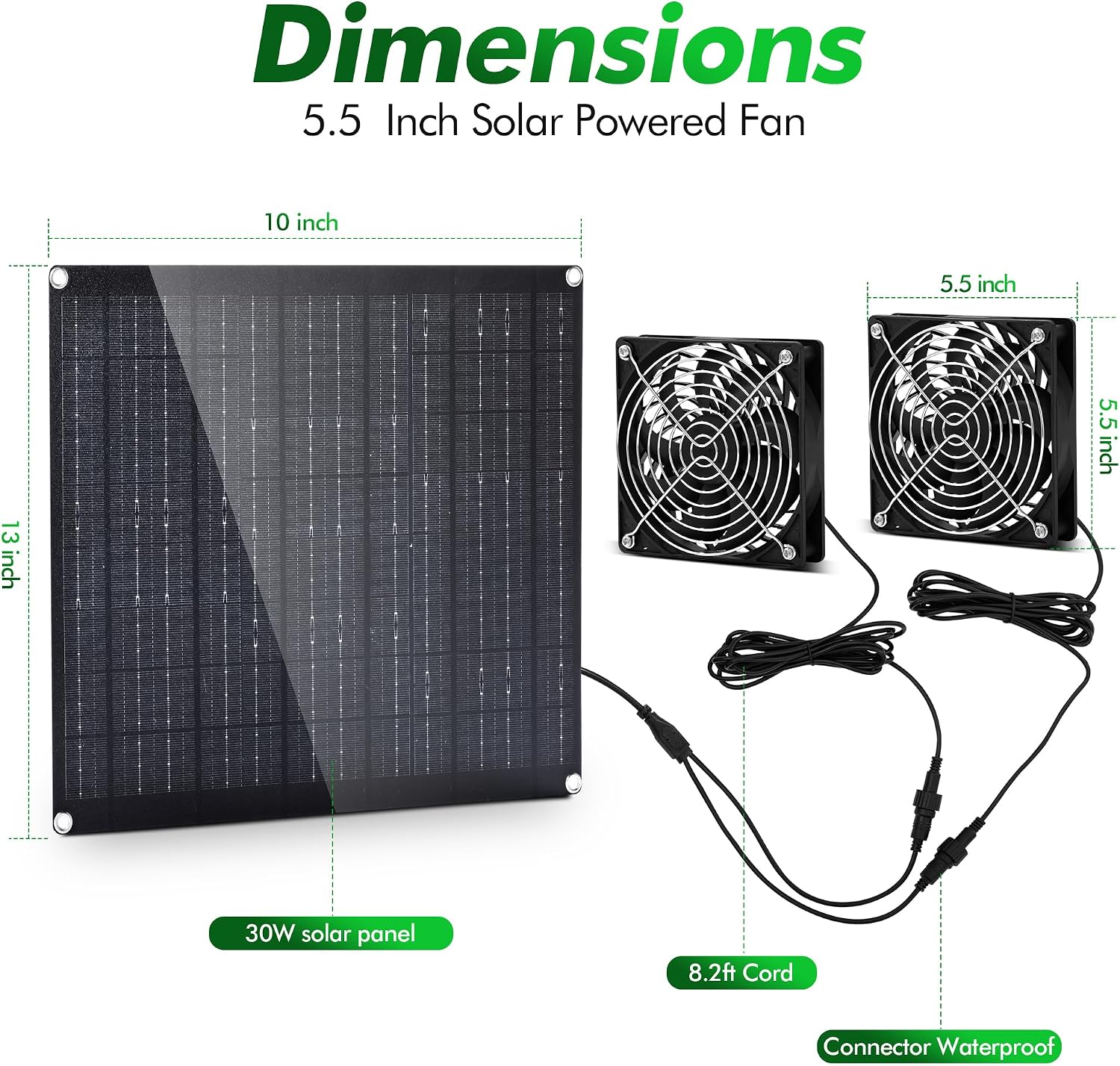5.5" Solar Fan, Solar Panel Fan, 30W Solar Powered Fan with Dual IPX7 Waterproof Fans for Outside Chicken Coops, Greenhouses, Sheds, Intake or Exhaust Air Fan, Solar Ventilation Fan, Solar Exhaust Fan 5.5" Fan