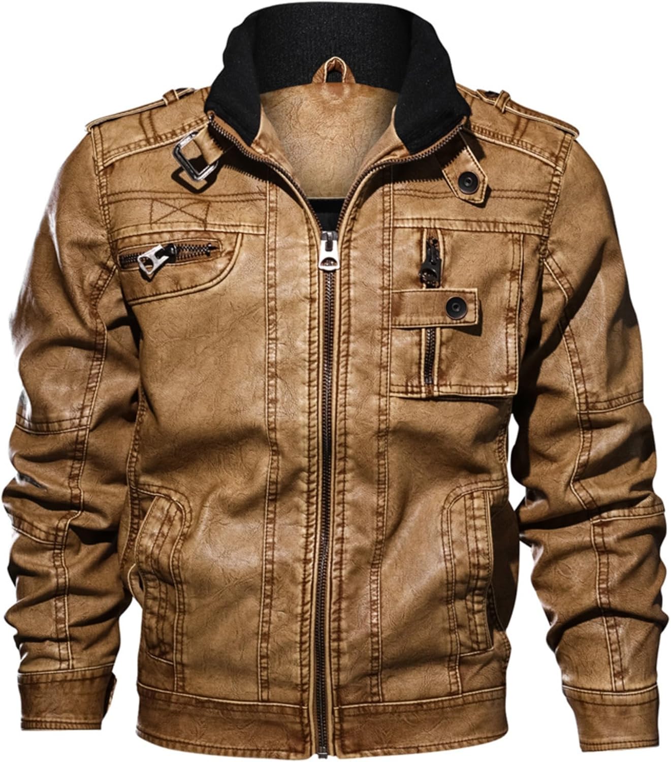 JEShifangjiusu Men's Vintage Military Style Faux Leather Jackets Stand Collar Motor Jacket Solid Leather Coat with Pockets