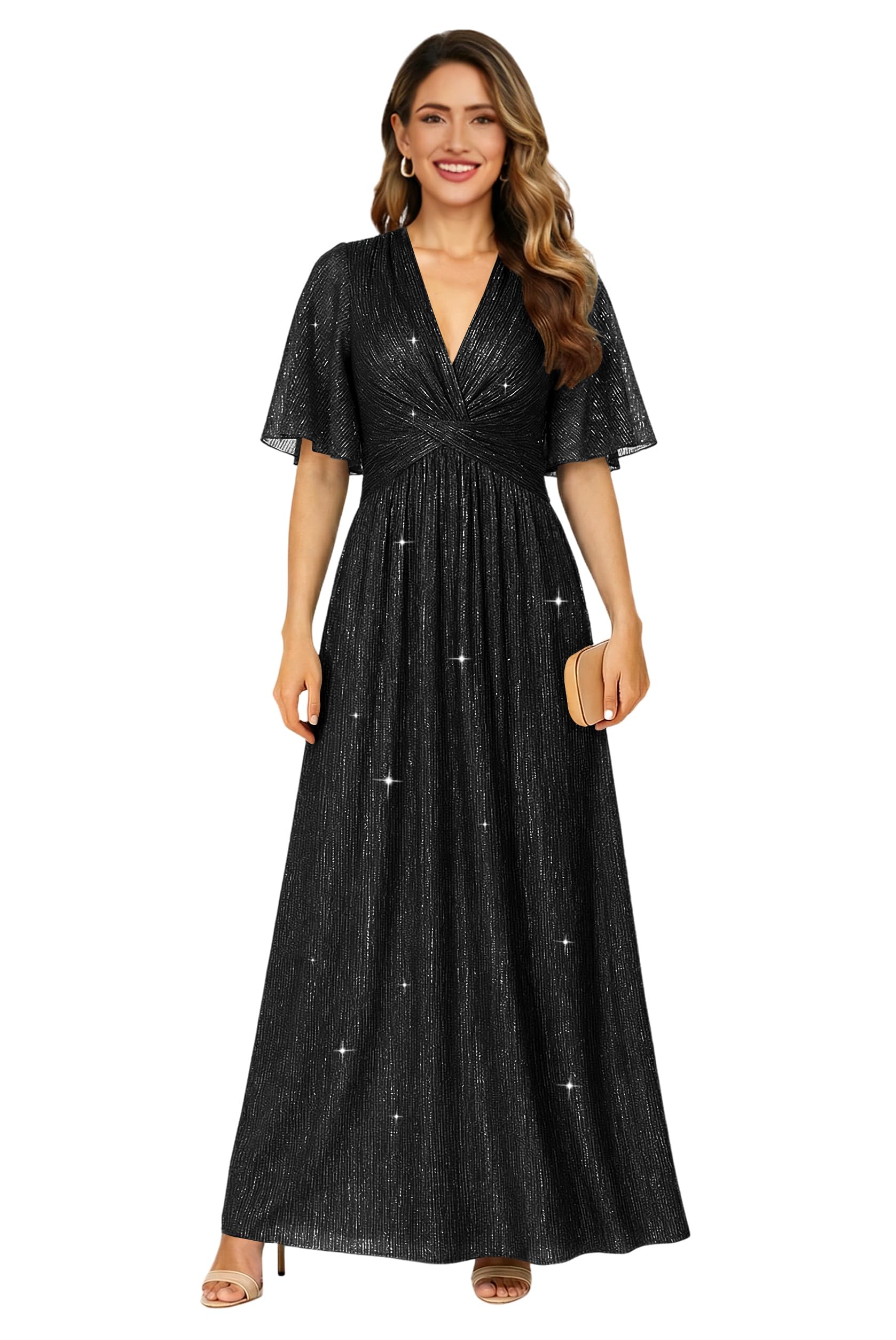 Womens Short Sleeve Glitter Tulle Mother of The Bride Dress A Line Maxi Formal Evening Dress AS027