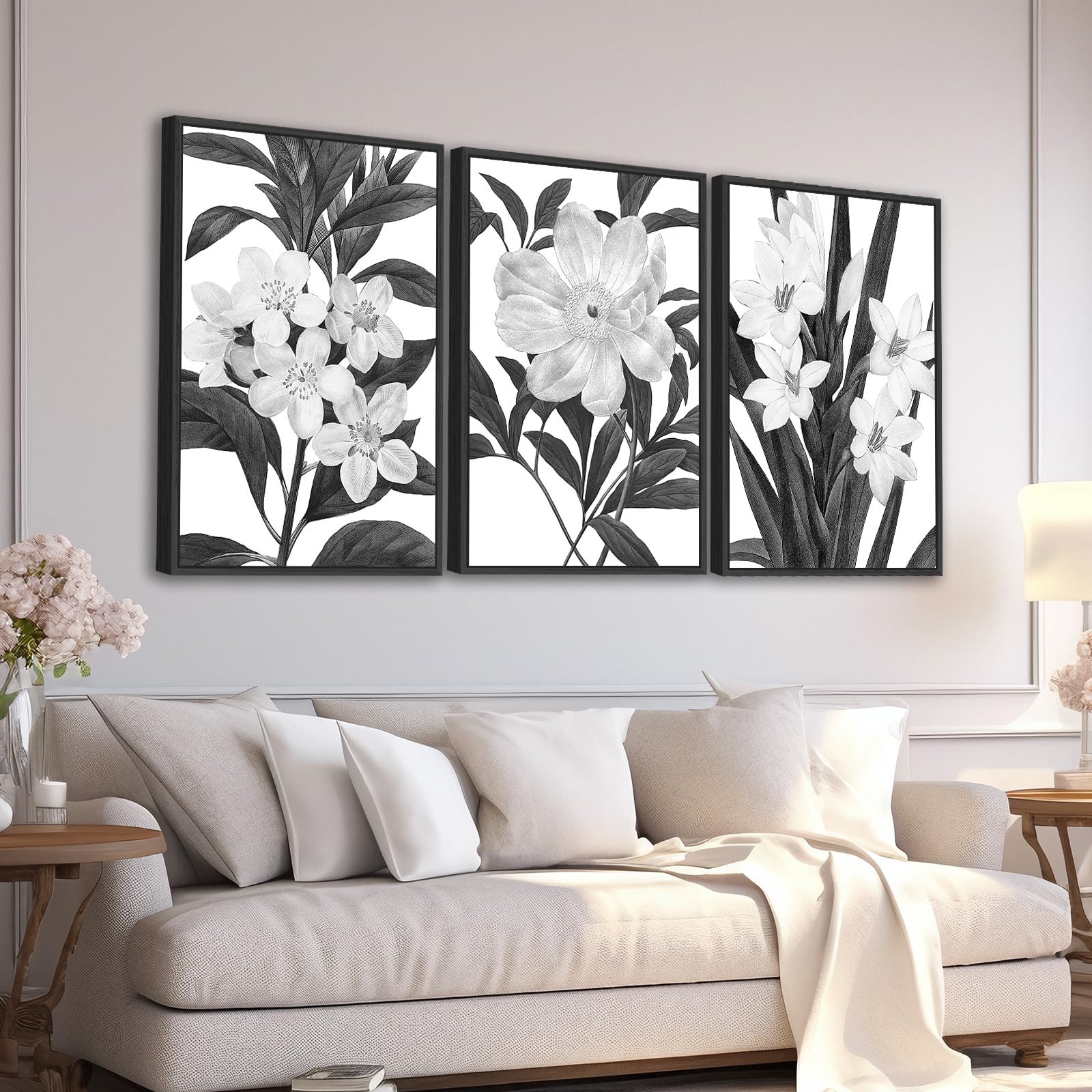 Large Framed Flower Wall Art - Blooming Floral Wall Decor 16"x24" Set of 3 Black and White Painting Prints Vintage Botanical Canvas Pictures for