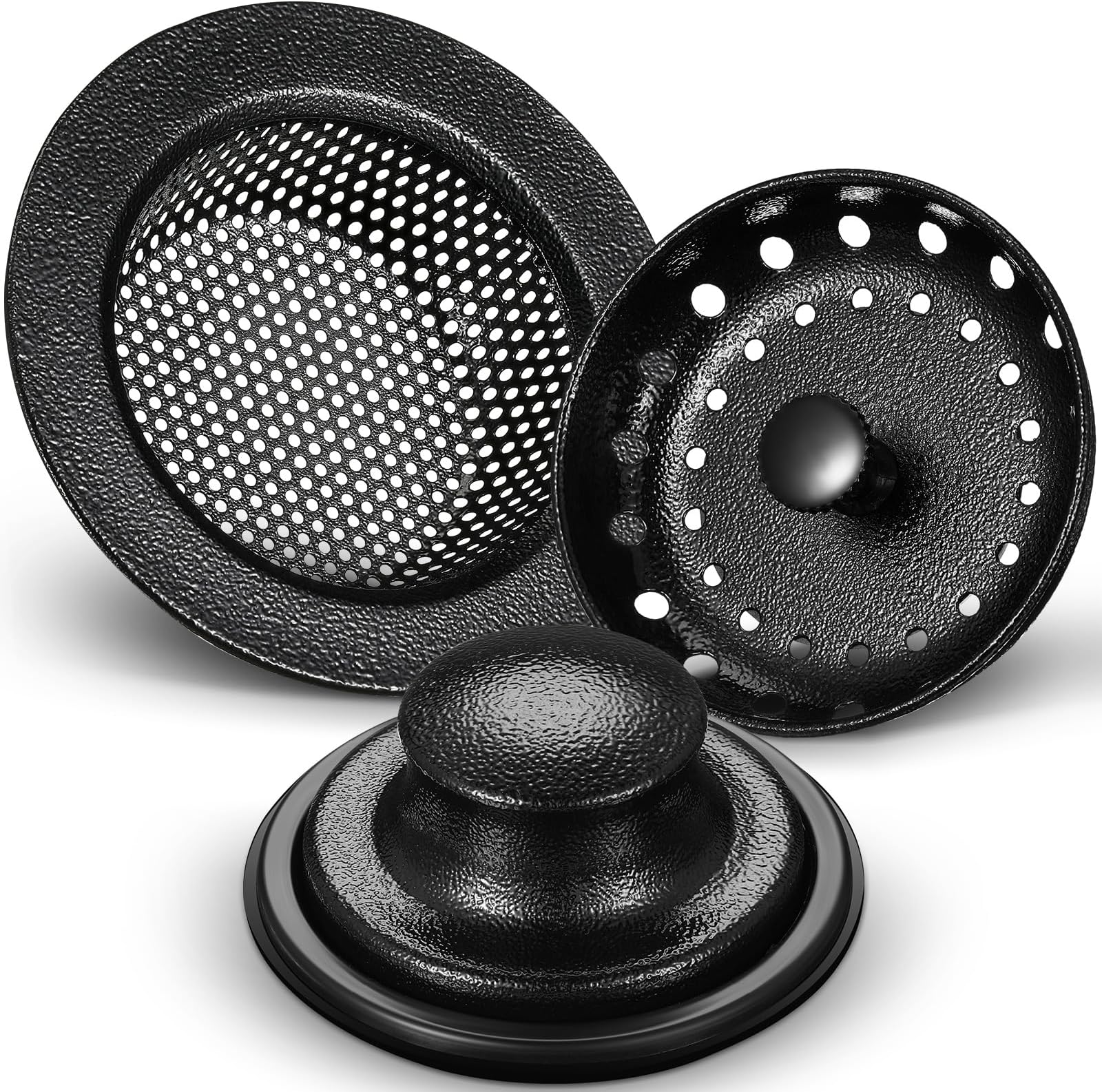 Mudder 3 Pcs Kitchen Sink Drain Strainer and Stopper Stainless Steel Garbage Disposal Plug with Handle Universal Anti-Clogging Kitchen Sink Filter Sieve Basket Strainer(Black Texture)