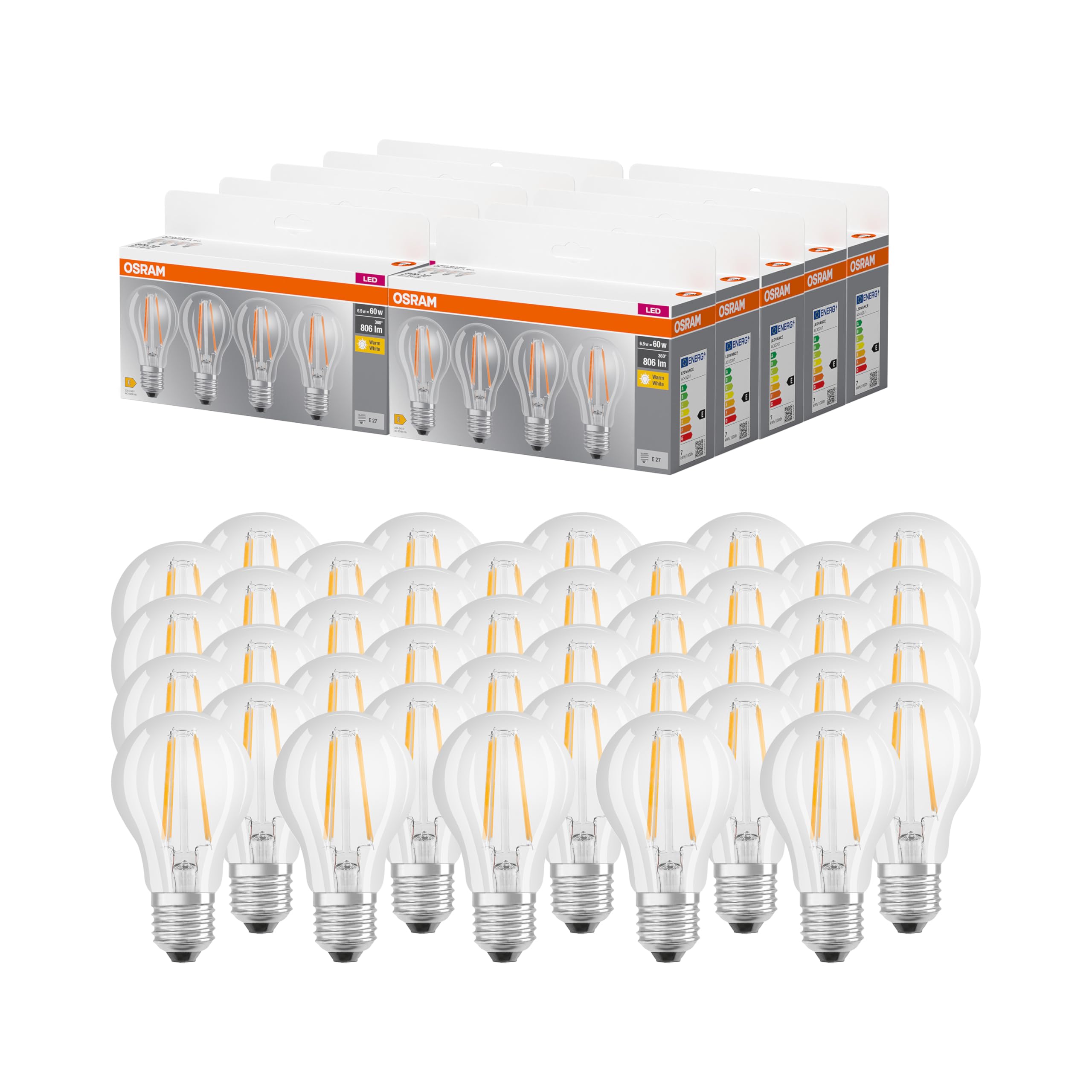 OSRAM LED BASE A60, confezione vantaggiosa con 40 lampadine, sostituisce le tradizionali lampadine da 60W, 6.5W, bianco caldo (2700K), vetro a filamento, non dimmerabile, forma a bulbo, E27