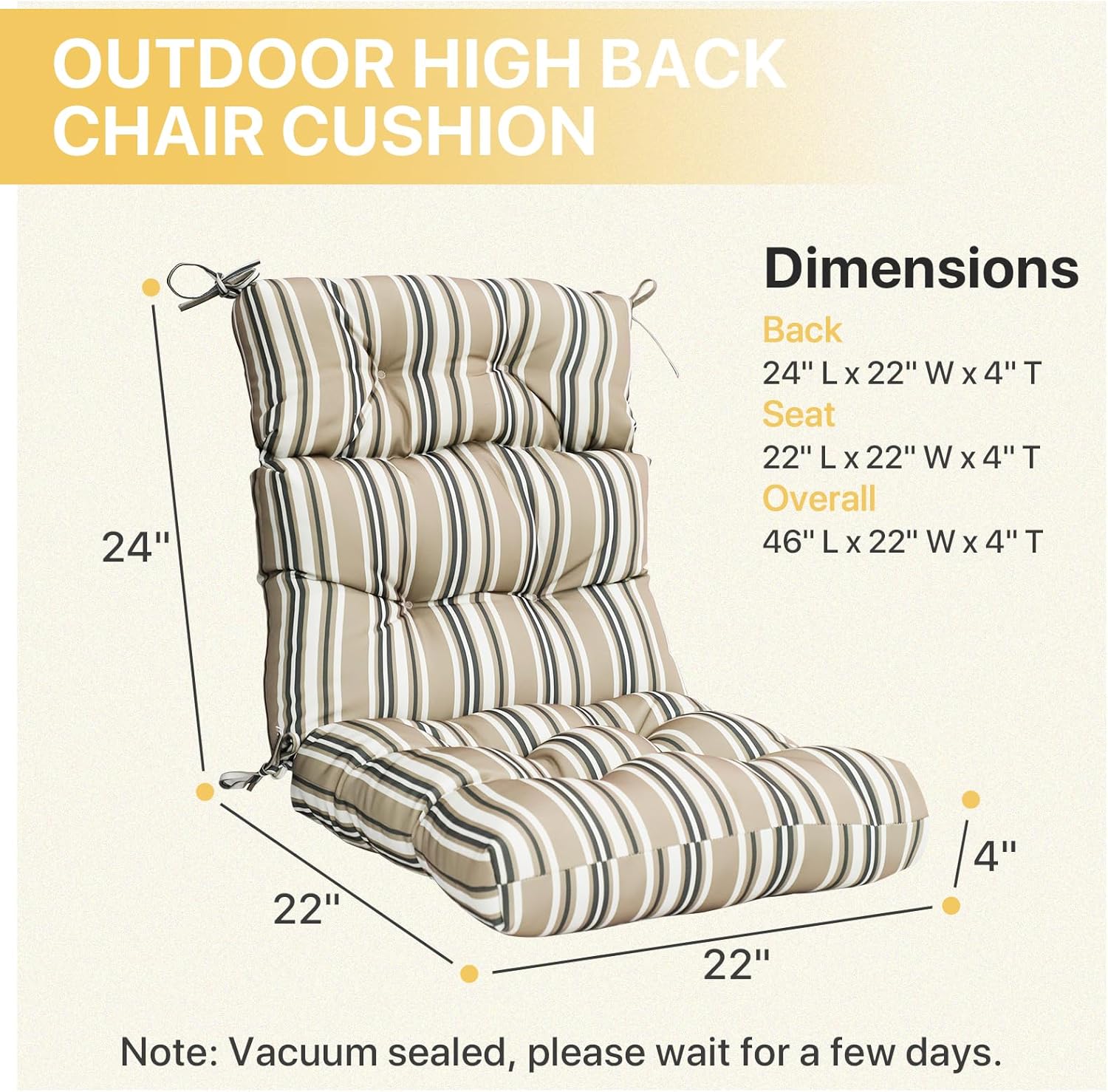 COOS BAY Outdoor Chair Cushions High Back 46x22 Inch, Tufted Patio Seat Cushions with Ties, Water-Resistant Replacement Pads, 4 Pack, Beige Stripes