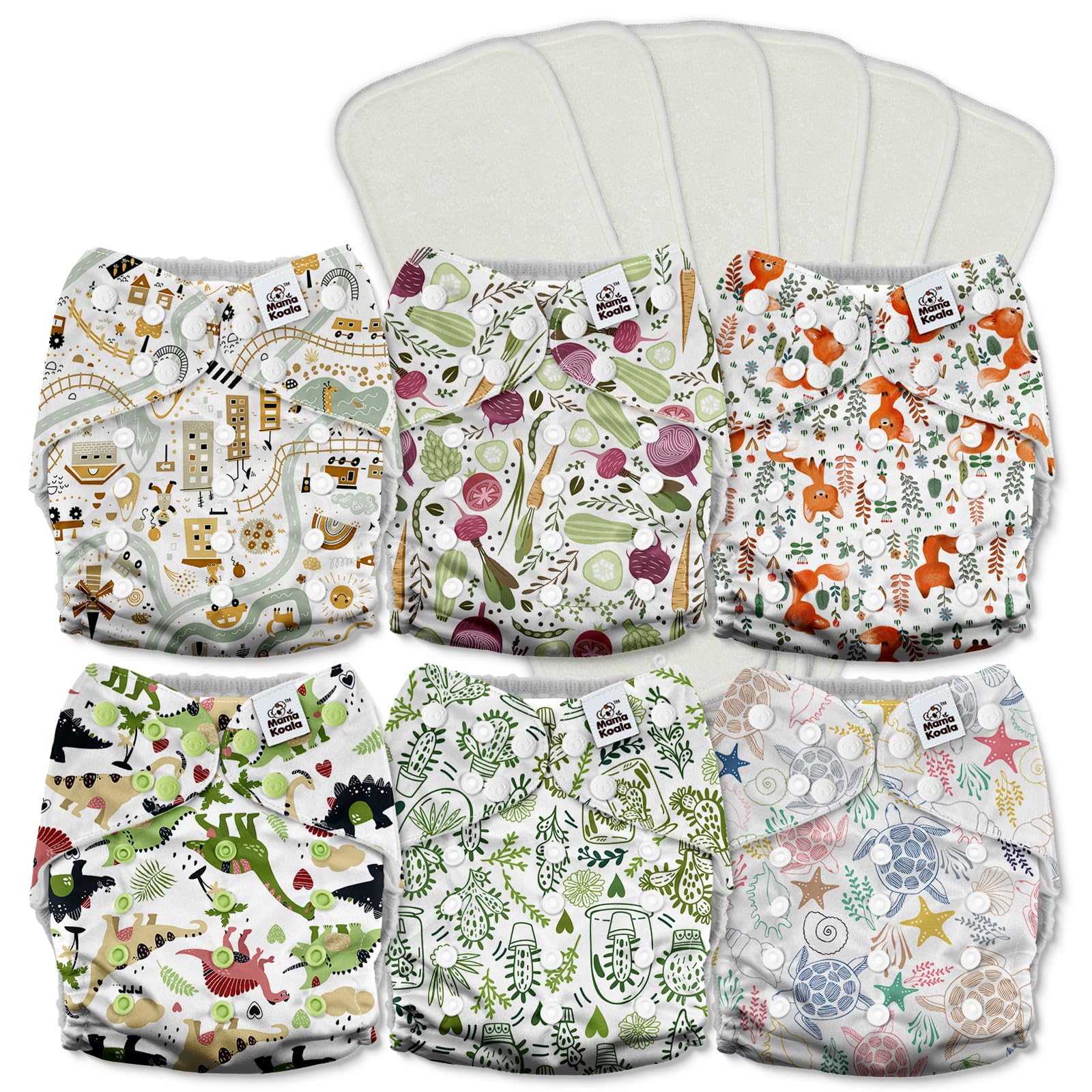 Mama Koala 3.0 Cloth Diapers for Babies with AWJ Lining, 6 Pack with 6 5-Layer Natural Cloth Diaper Inserts - Reusable and Washable Pocket Diapers(A-Happy Fox)