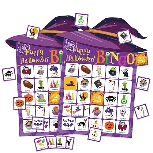 YQUQWN Halloween Game, 24 Player Wizard Hat Bingo Card Set,