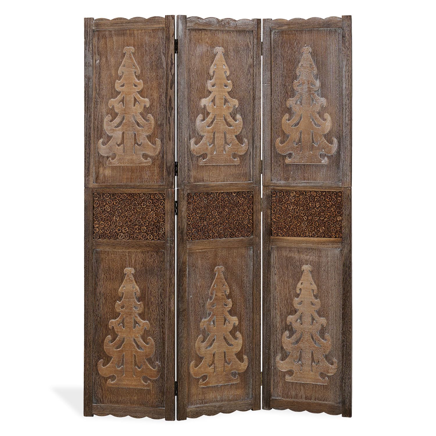 Homestyle4u 1890, Paravent 170x120 Raumteiler 3-teilig Holz Trennwand Sichtschutz mit Ornamente Braun