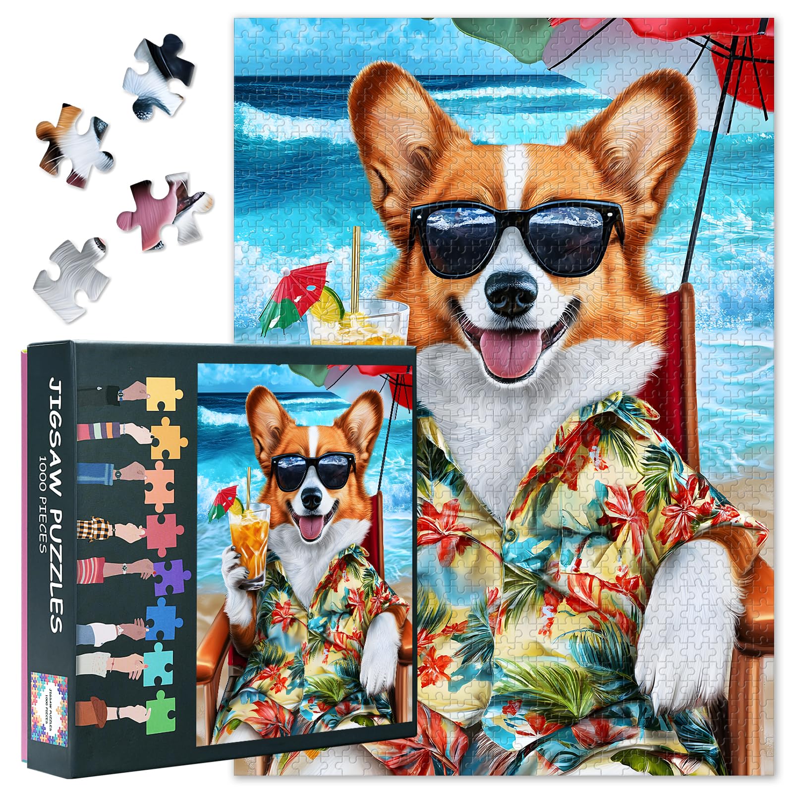 Jigsaw Puzzles 1000 Pieces for Adults Corgi 1000 Piece Puzzle Corgi on the Beach Challenging Puzzles Suitable for Game Nights Adult and Adolescent Family Toy Size : 50x70cm
