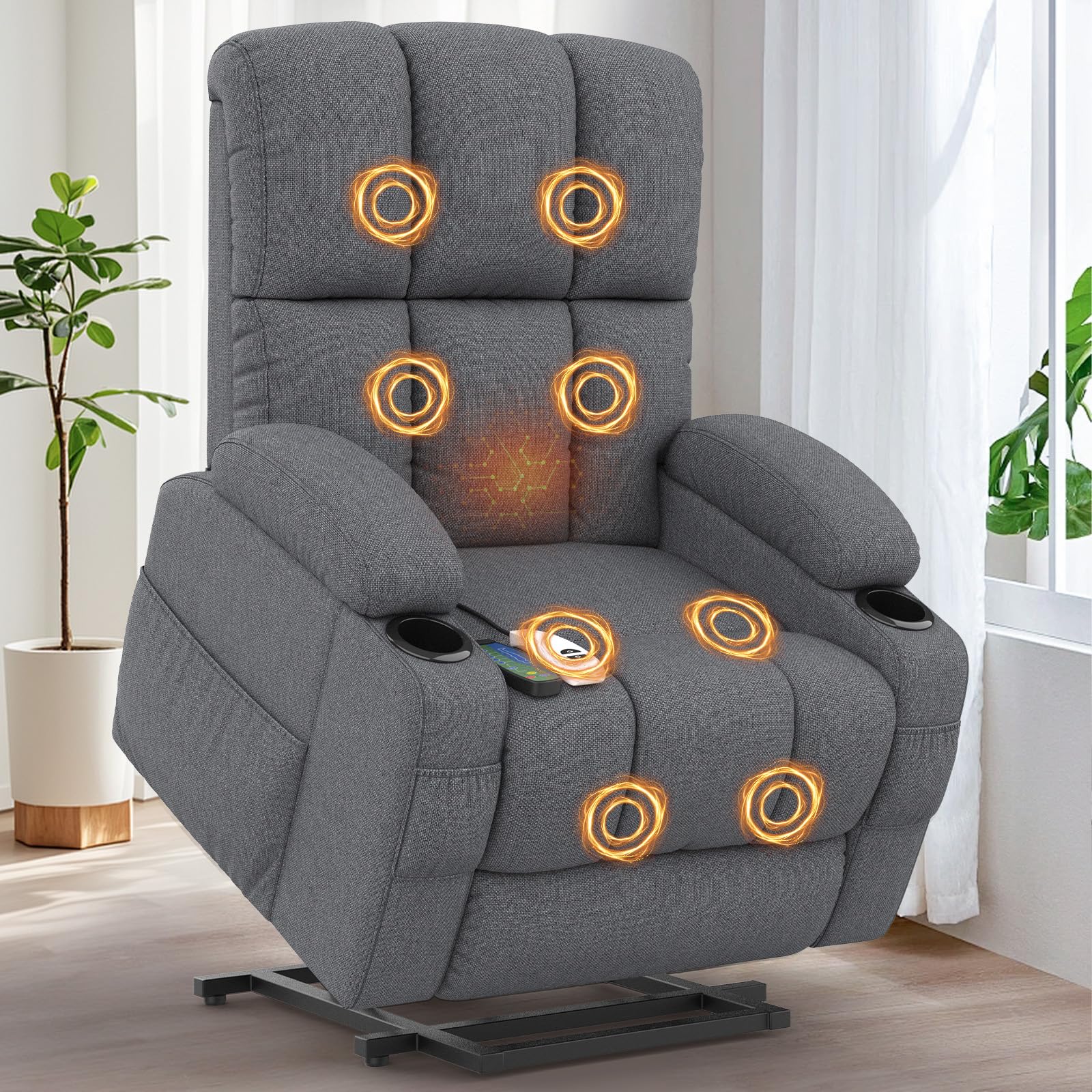 Relaxsessel Massagesessel Elektrisch Verstellbar Fernsehsessel mit Liegefunktion Massage Wärmefunktion, TYP C&USB-Anschlüsse, 4 Seitentaschen 2 Getränkehalter, Lesesessel TV Sessel Wohnzimmer