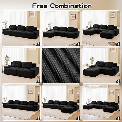 Miniatura 9 de Modern L-Shaped Modular Sectional Sofa for Living Room, 3-Seater Couch with Deep Seat and Movable Ottoman, Corduroy Fabric, Tufted Design, No