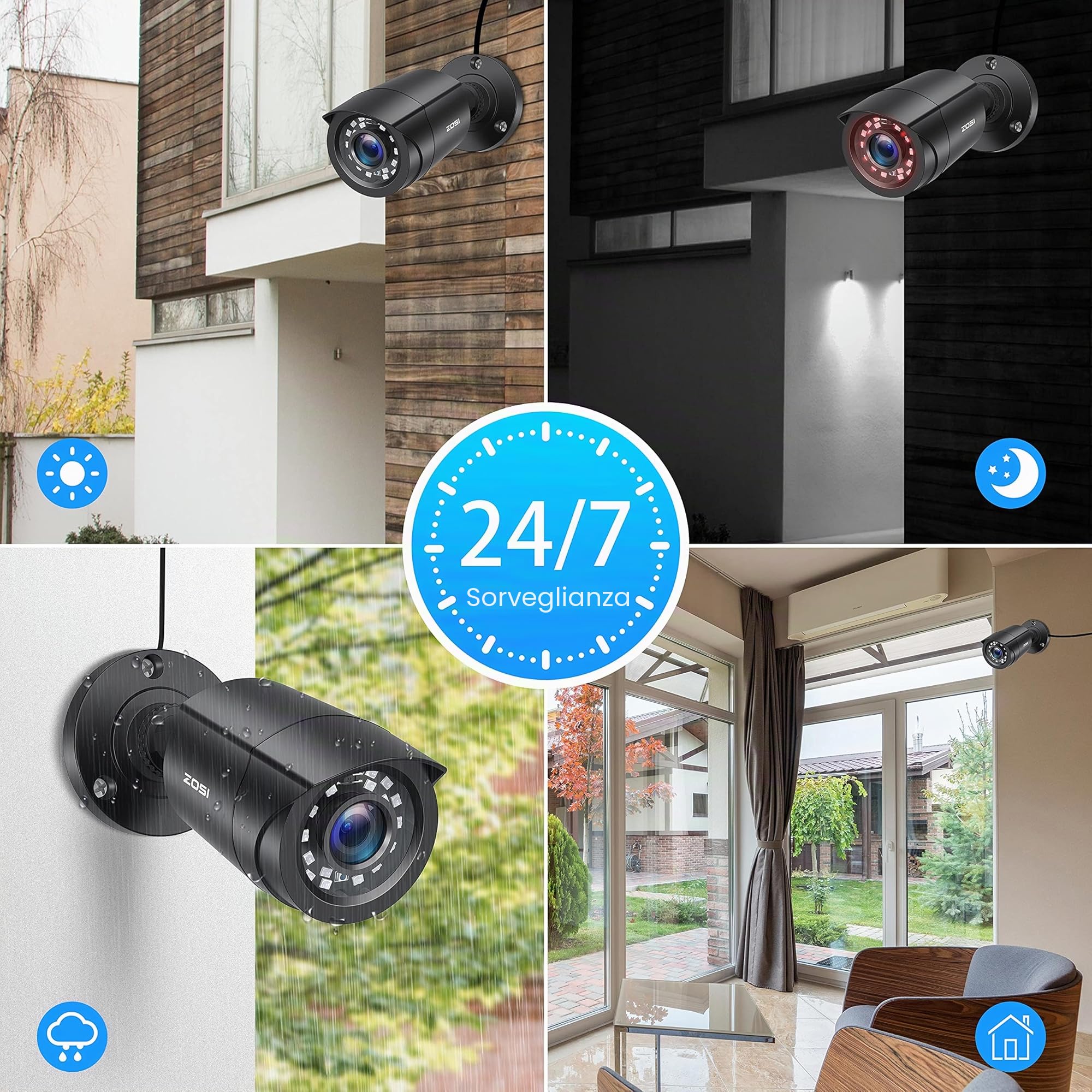 ZOSI TVI 1080P - Kit telecamera di sorveglianza esterna IP66, 24 LED IR 24 m Obectivo 3,6 mm, telecamera di sorveglianza CCTV
