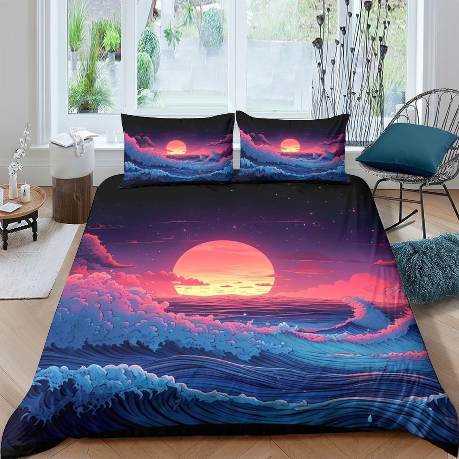 Ctjqhvkz Style-2 3D Printed Sunset Ocean Fitted Sheet Microfiber Soft Breathable Wave Mattress Cover Bedroom Dorm Decor Single（135X200cm）