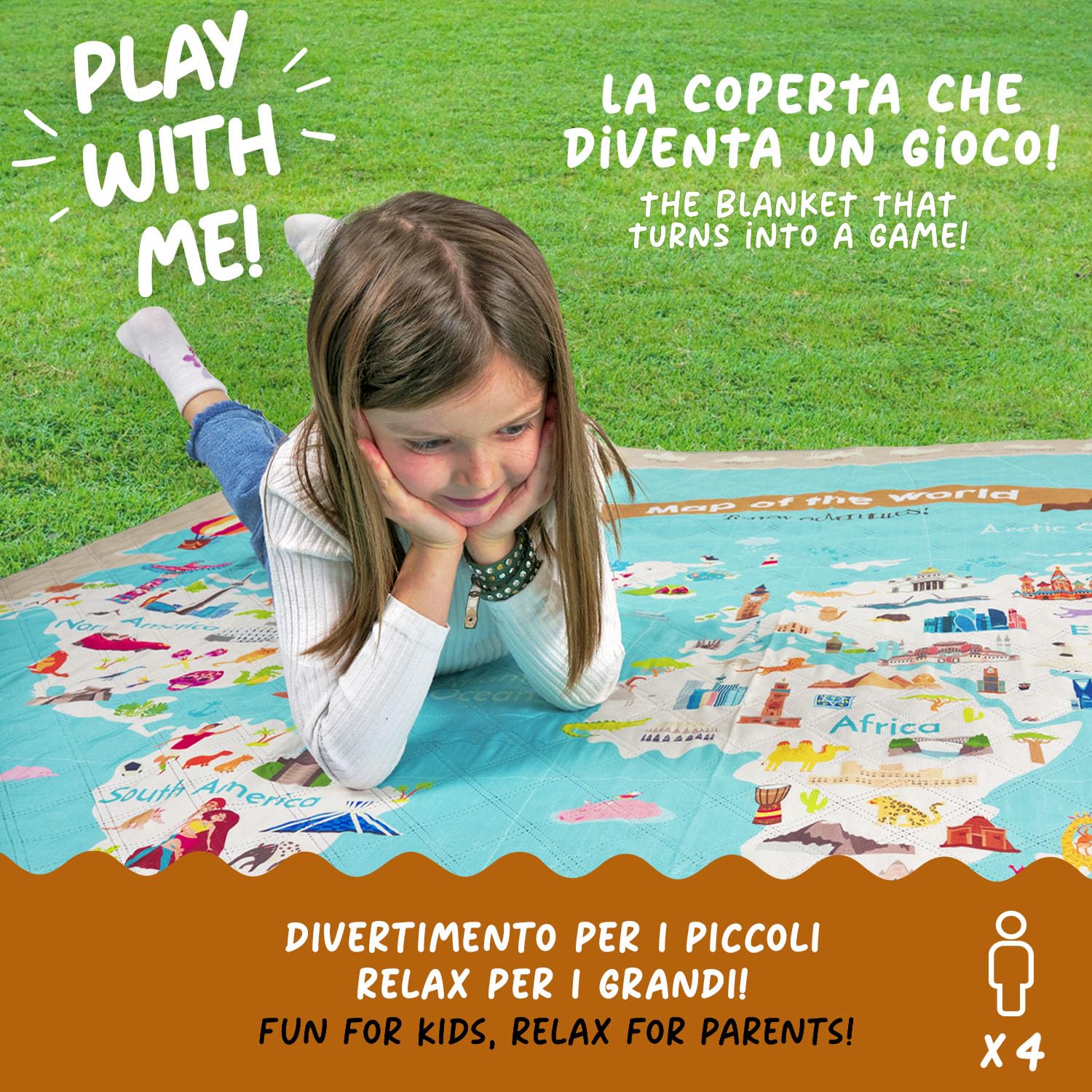 PERLETTI Coperta Pic Nic Impermeabile Bambini 200x200 cm Telo Picnic Grande da Campeggio Spiaggia Pieghevole