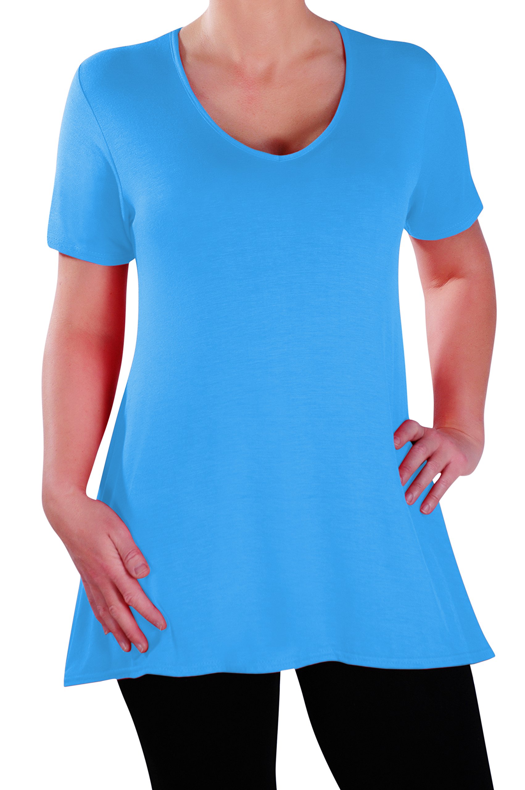 Eye Catch Women's Turquoise - Delphine V Neck Plus Size Top Short Sleeve Casual Long Flared T Shirt Tunic Tops Size 18