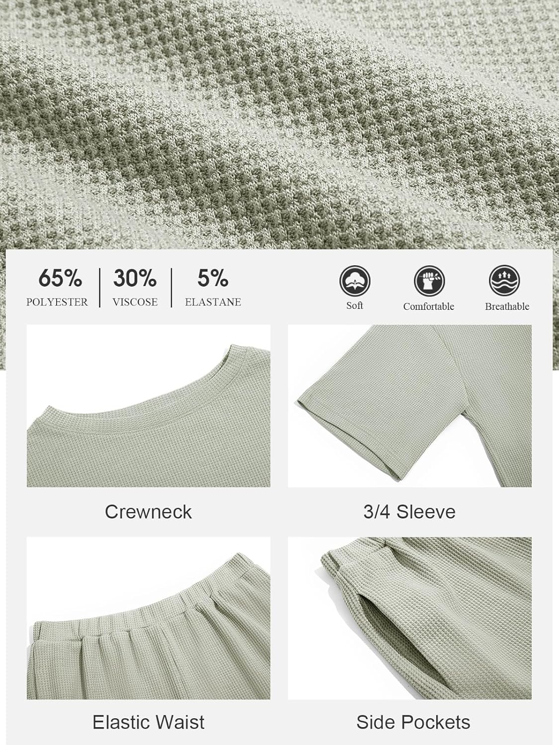 Tankaneo Womens Short Sets 2 Piece Outfits 3/4 Sleeve Tops and Elastic Waist Shorts Lounge Set Casual Loungewear - Image 5