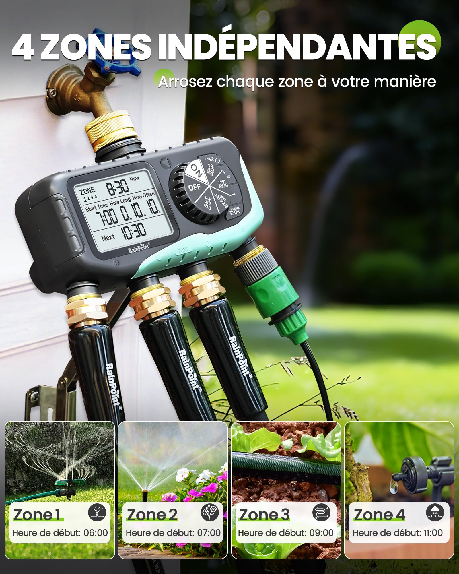 RAINPOINT Programmateur Arrosage 4 Voies, Entrée et Sortie en Laiton, Étanche IP65, Minuterie Arrosage Automatique avec Retard de Pluie/Irrigation Manuelle, pour Serre, Pelouse et Jardin