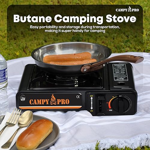 Miniatura 8 de Estufa de gas butano portátil con encendido automático y estuche de transporte, estufa compacta para acampar, senderismo, cocina al aire libre y uso