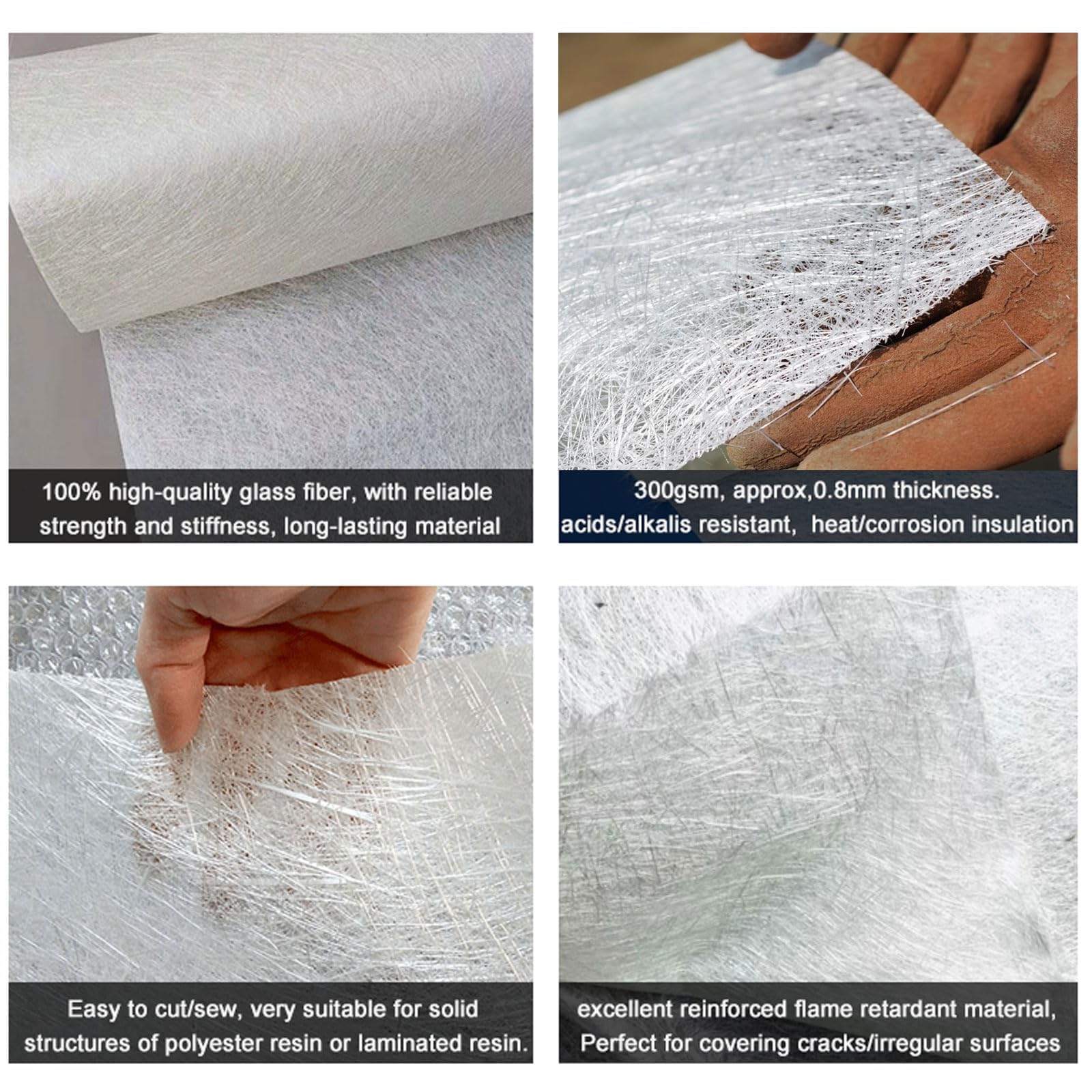 Tissu en Fibre de Verre 300g/m² Tapis en Fibre de Verre pour Les Résines de Polyester, 1m de Large Fibre de Verre Mat pour Réparation,toits, Voitures, Bateaux (1x30m)