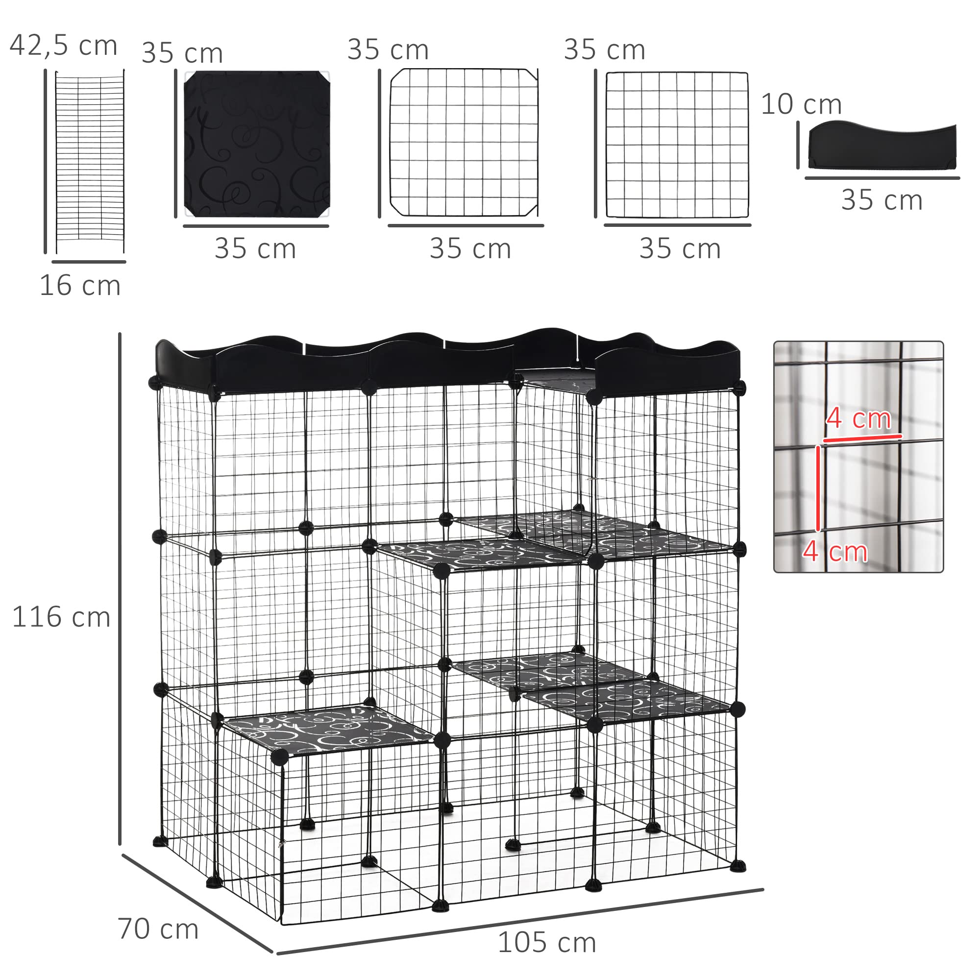 PawHut Cage Parc enclos pour Petits Animaux Chats Lapins modulable 3 Niveaux 2 Portes Rampe Fil métallique 105 x 70 x 116 cm Noir