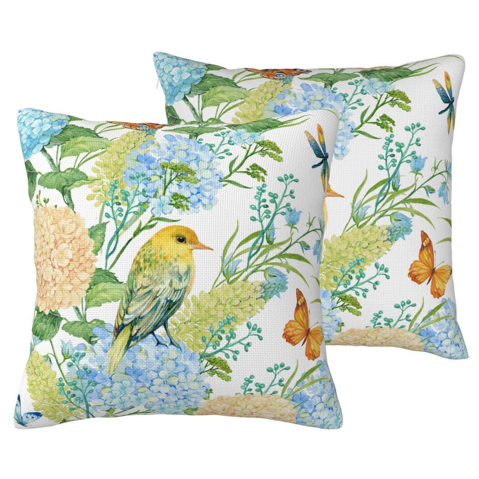 LOHDALOLF Blue Hydrangea Cushion Covers 45x45 cm Set of 2, Waterproof Cushion Cases, Bird Floral Patio Furniture Decor for Spring Summer Home Decor — image 1