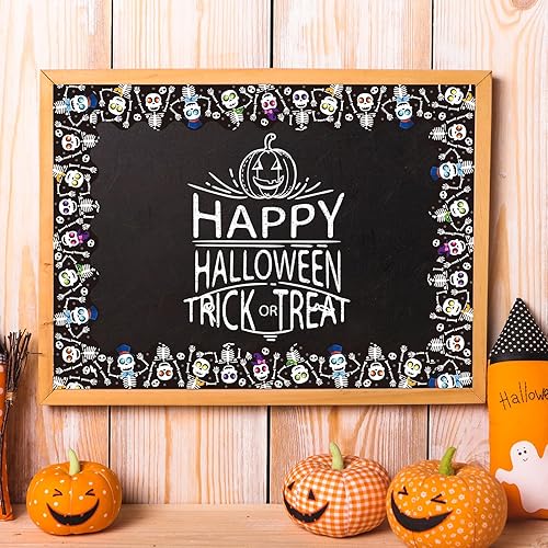 Miniatura 6 de Whaline Tablero de anuncios de Halloween de 66 pies con borde de calavera y esqueleto de dibujos animados, calcomanías autoadhesivas para el hogar,