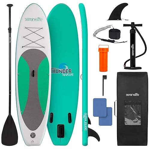 SereneLife Ultra-Light Inflatable Stand Up Paddle Board with Premium SUP Accessories - Extra Wide Stable Design with Non-Slip EVA Deck Pad for Youth and Adults of All Skill Levels - 275 lbs Capacity