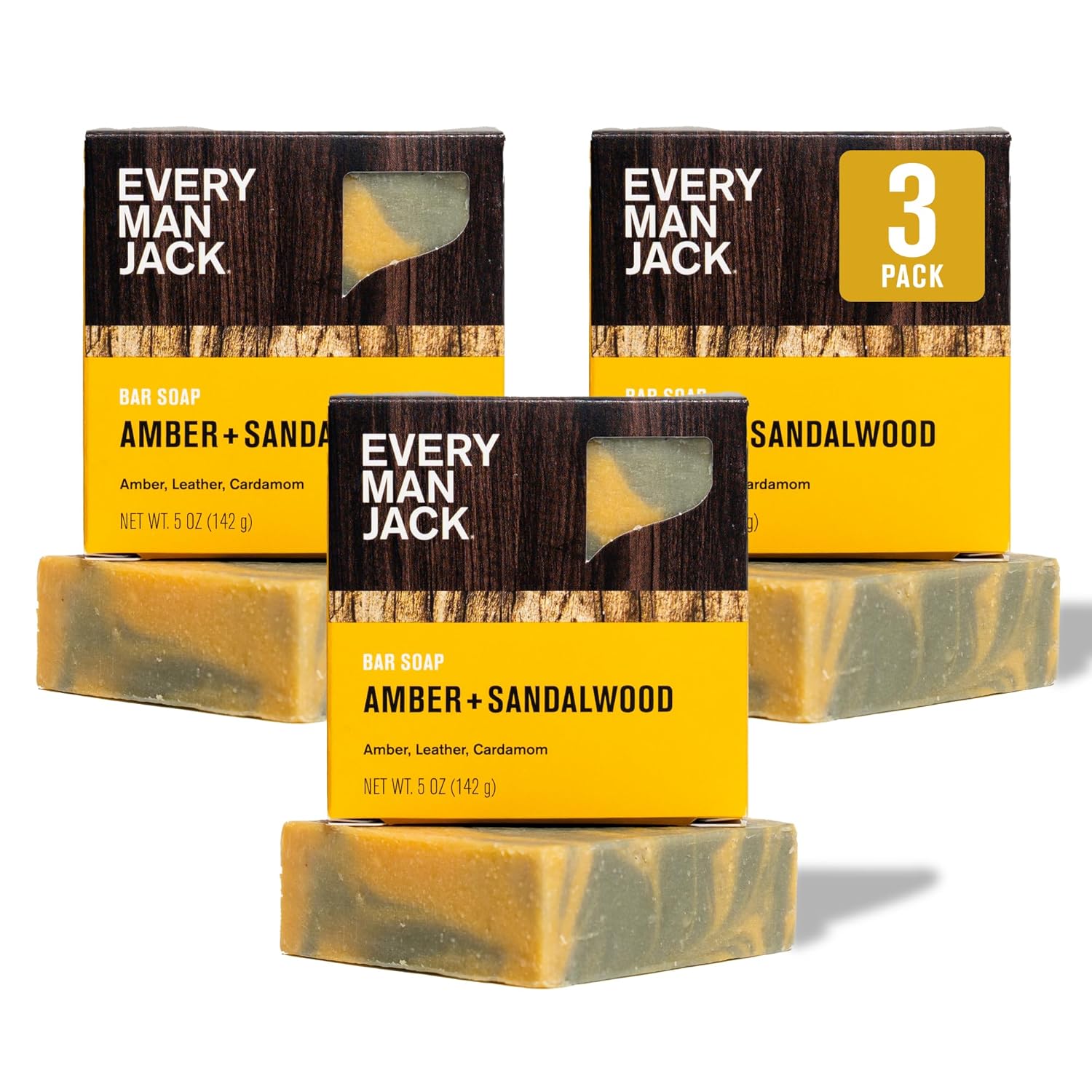 Every Man Jack Cold Processed Mens Bar Soap – Subtle Amber + Sandalwood Scent – Deeply Cleans & Hydrates w/Naturally Derived Ingredients – (3 Pack)