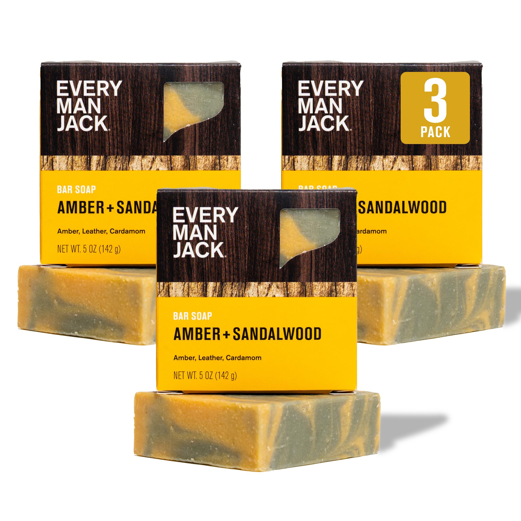 Every Man Jack Cold Processed Mens Bar Soap - Subtle Amber + Sandalwood Scent - Deeply Cleans & Hydrates w/Naturally Derived Ingredients - (3 Pack)