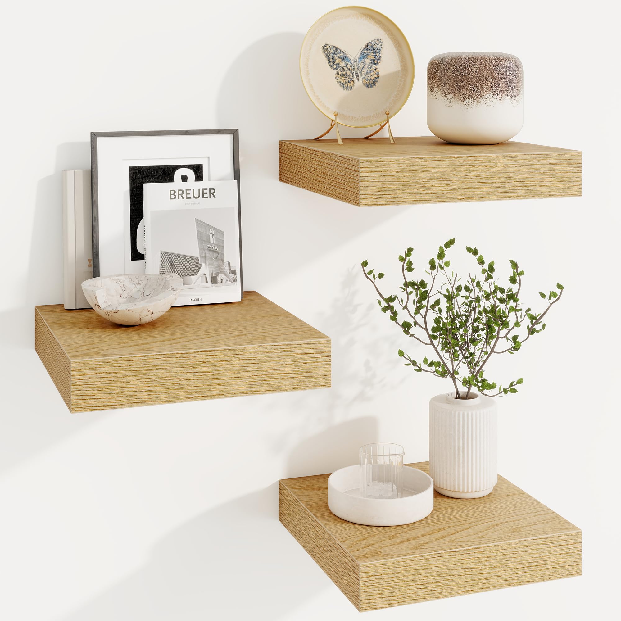 Acovy 29.5cm Floating Shelves, 29.5cm Deep Floating Shelf Wall Mounted, Wall Shelves, Rustic Deep Bookshelf, Large Display Shelves & Storage Shelves for Bedroom, Living Room, Oak, Set of 3
