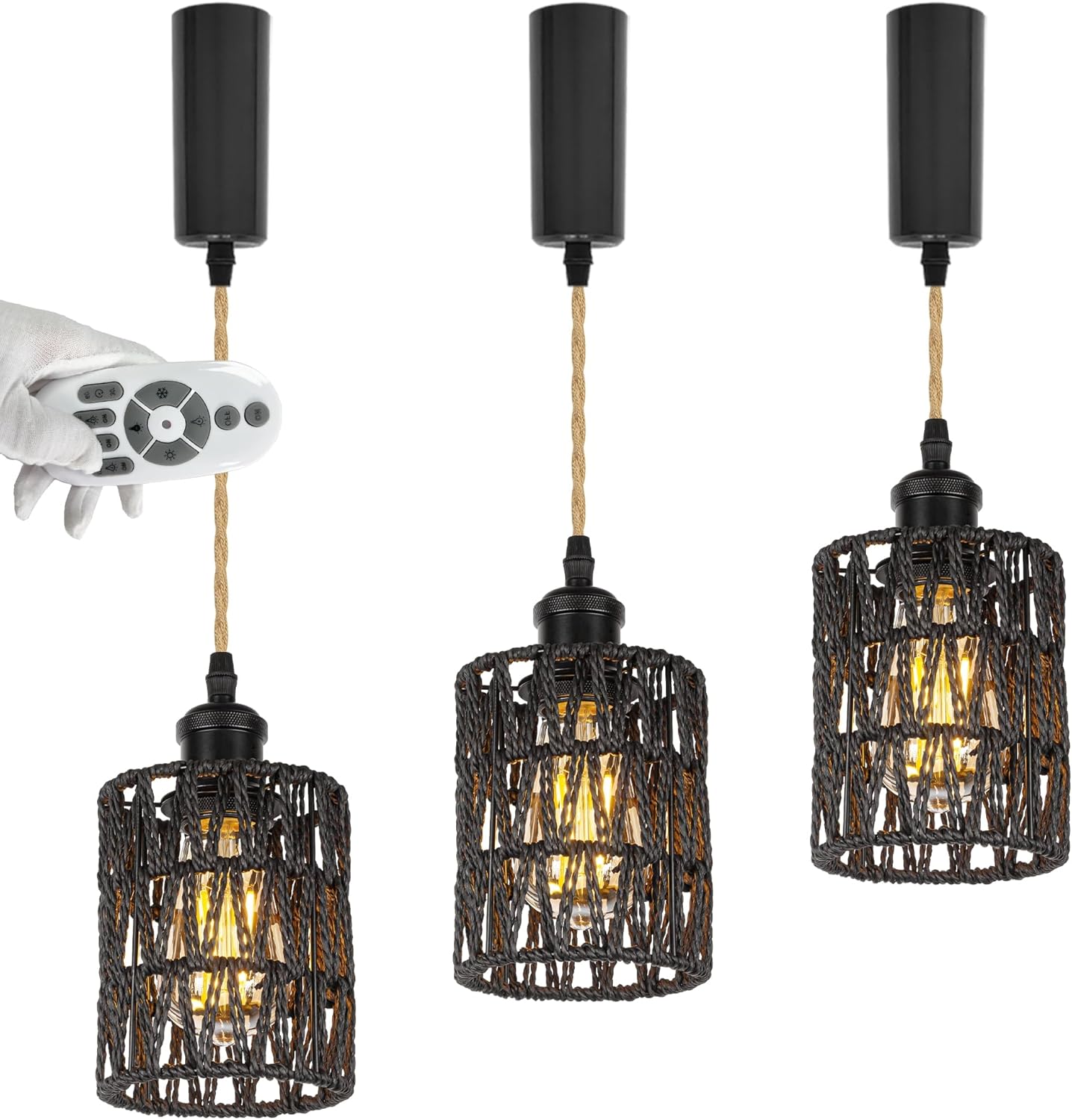 Adjustable Height Halo Track Lighting Pendants, 5 Ft Cord, H-Type Track Mount Black Pendant Light with Vintage Twine Natural Rattan Shade, E26 Smart LED Edison Bulbs for Kitchen Island