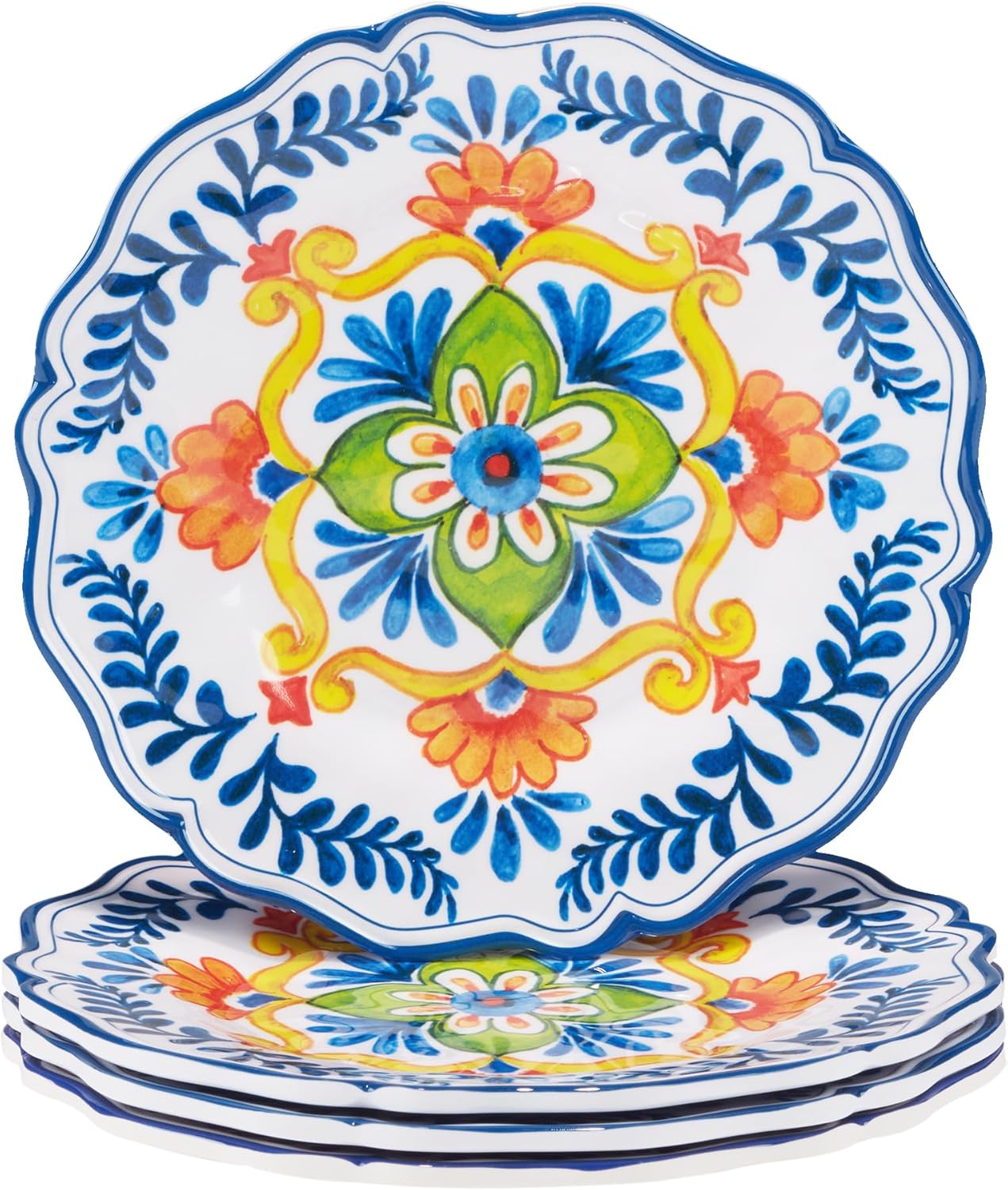 Flores Melamine Salad & Dessert Plates, Set of 4 – Break-Resistant, Colorful Plates for Entertaining, Great for Parties, Poolside, and Everyday Use
