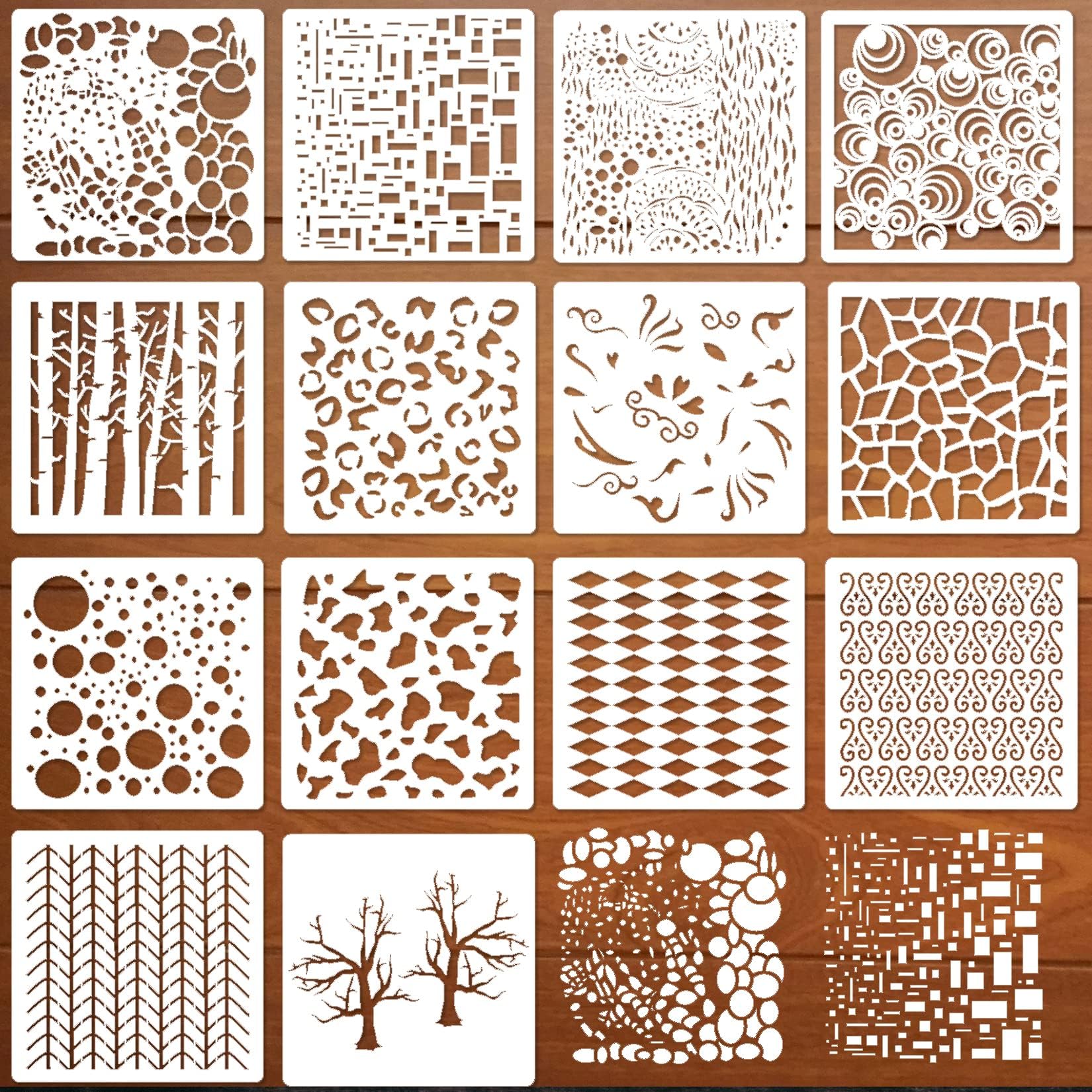 KASTWAVE Stencils for Crafts, 14 Pcs Reusable Texture Stencils, Diamond Spirals Cubist Templates Geometric Mixed Media Stencil Layering Drawing Templates for Painting on Wood Crafts Paper (6x6inch)