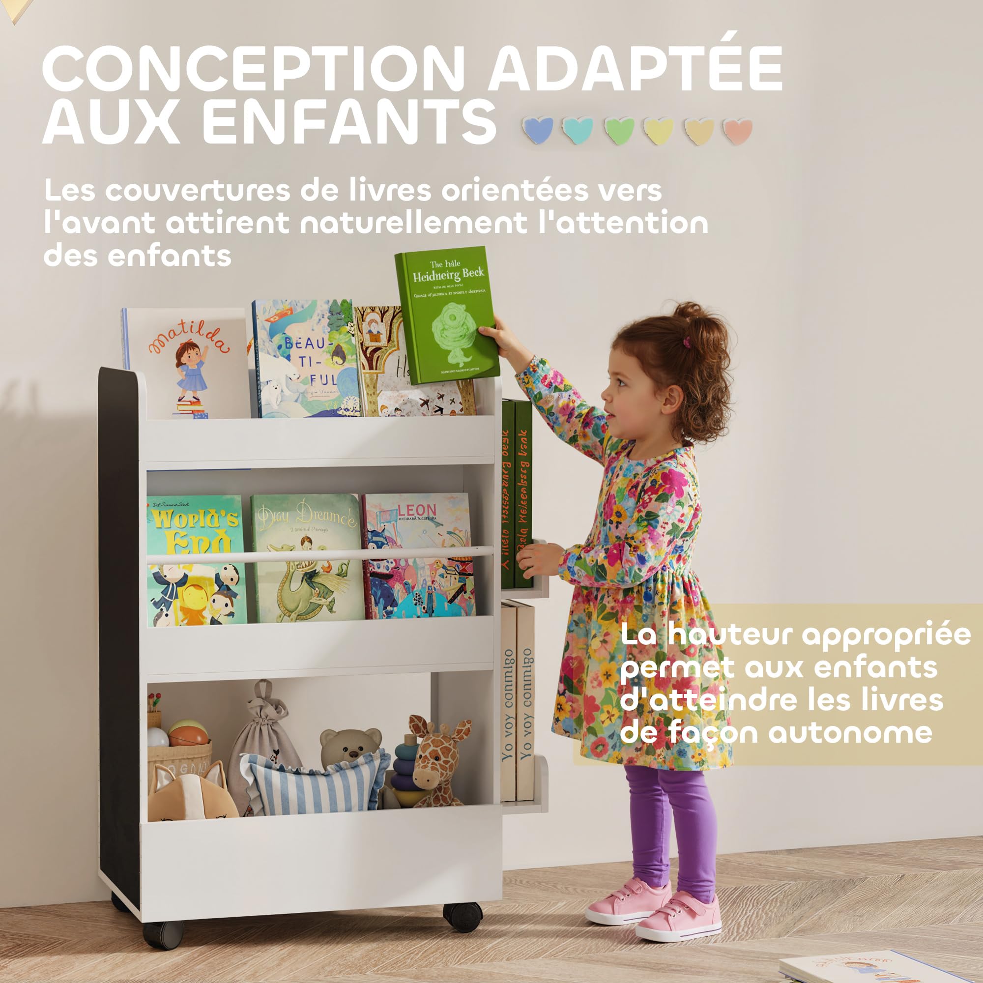 AIYAPLAY Bibliothèque pour Enfant 3 à 8 Ans avec roulettes, Rangement Livre Enfant avec Tableau Noir, Meuble de Rangement, pour Salle de Jeux, Blanc