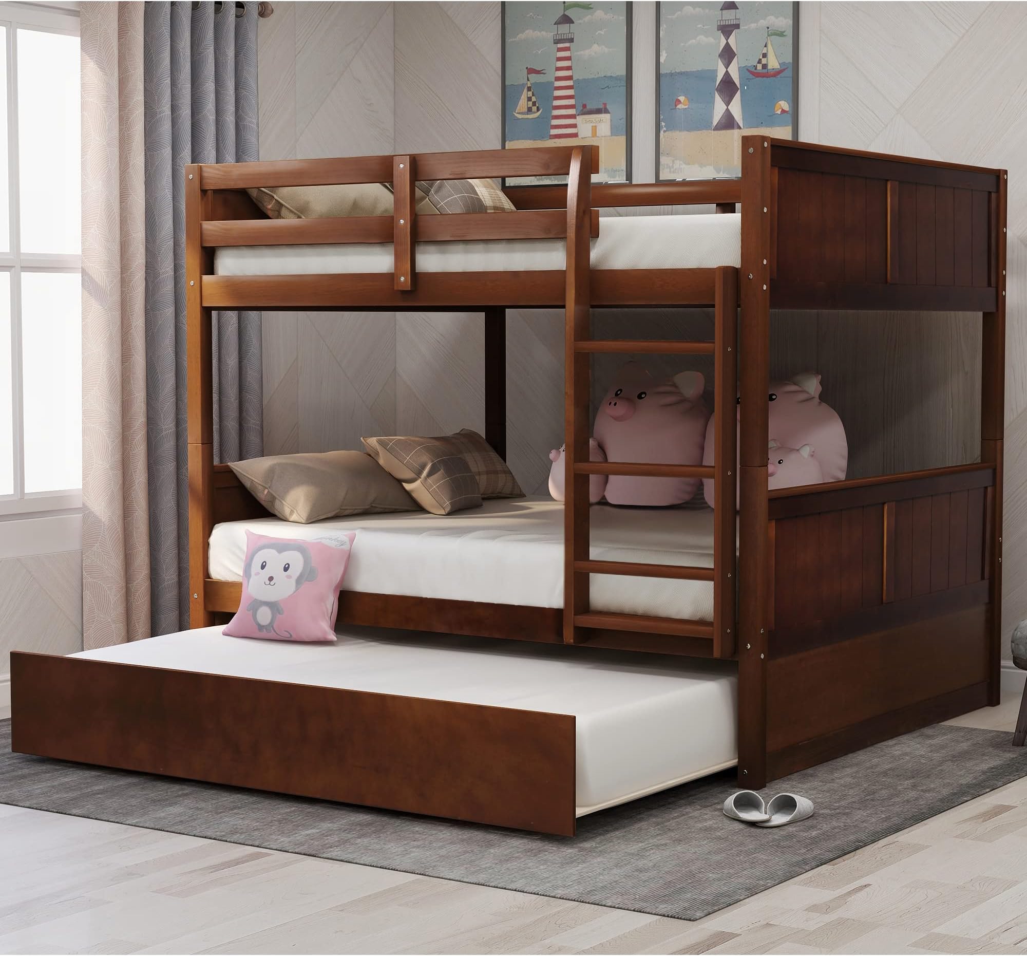 MERITLINE Detachable Full Over Full Bunk Bed with Trundle，Solid Wood Full Size Floor Bunk Bed for Kids,Walnut
